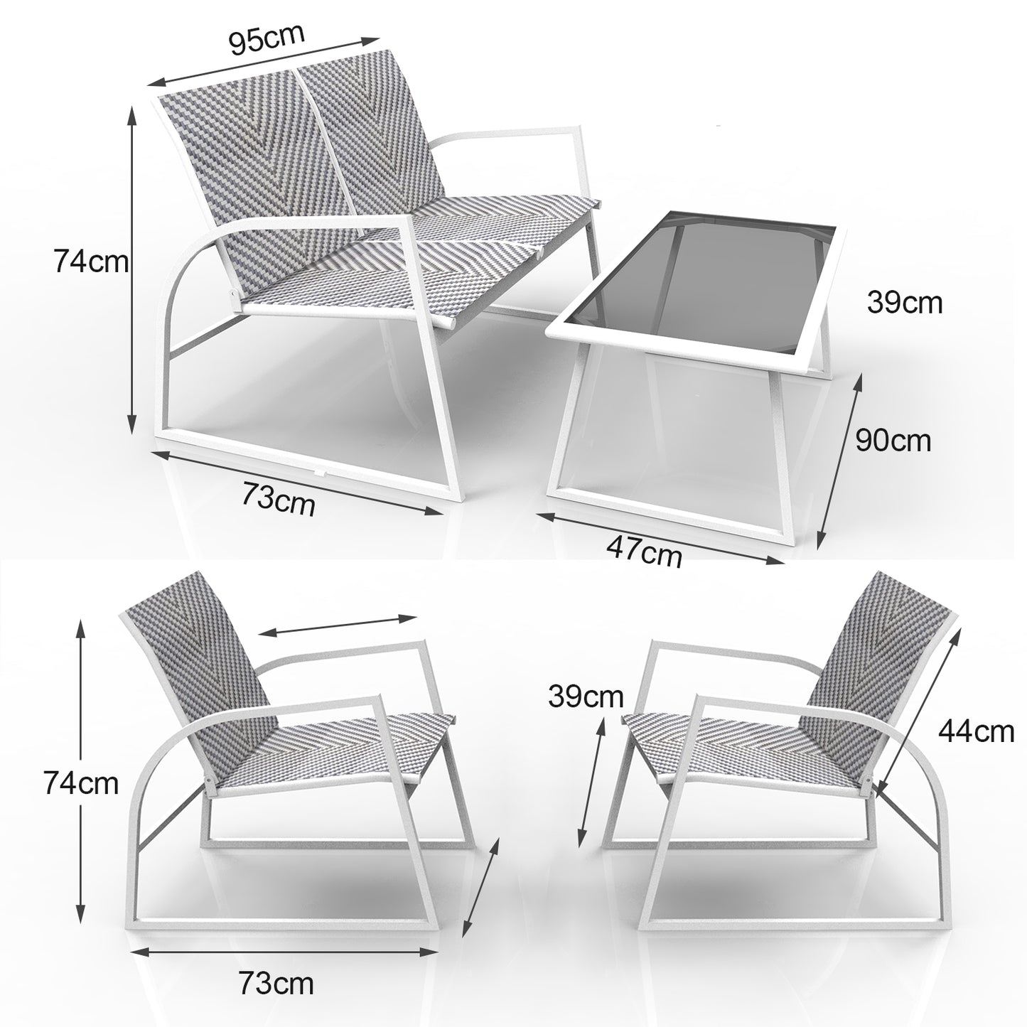 RANSENERS 4-Teilig Möbelset Sofagarnitur mit Doppelsofa Tisch und 2 Stühlen - Gartenmöbelset mit Legierter Stahl Rahmen und Polyrattan Sitzfläche für innen und außen