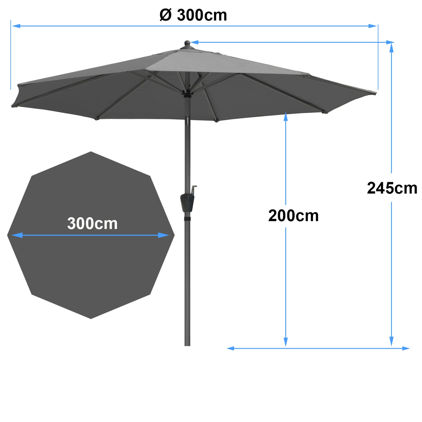 RANSENERS Kippbarer Sonnenschirm 300 cm, Schutzhülle Inklusive, 200g/m² Verdickter Gewebe mit UV50+ für Garten, Terrasse, Kaffeehaus im Freien