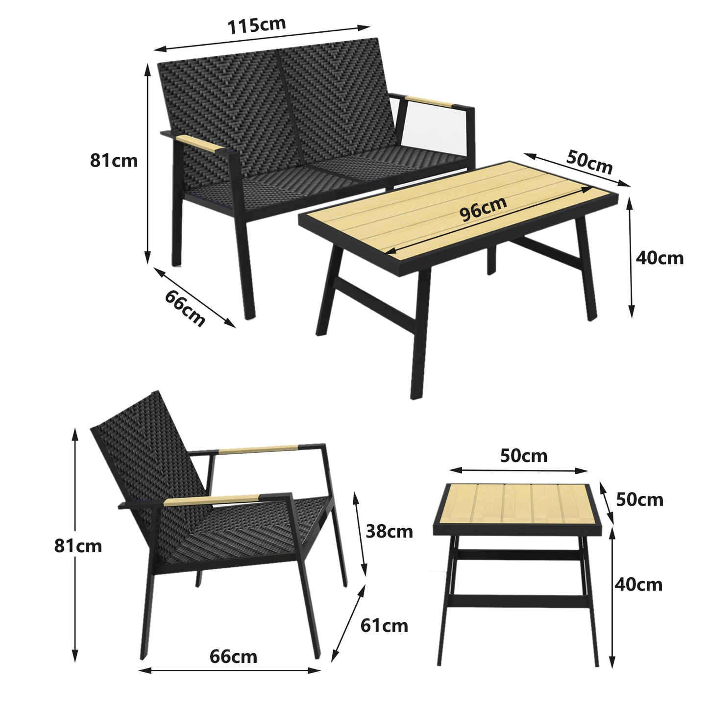 RANSENERS Premium 5tlg-Set Gartenmöbelset mit Vollemaluminium Rahmen und Polyrattan Sitzfläche für Garten Terrasse und Balkon (Schwarz)