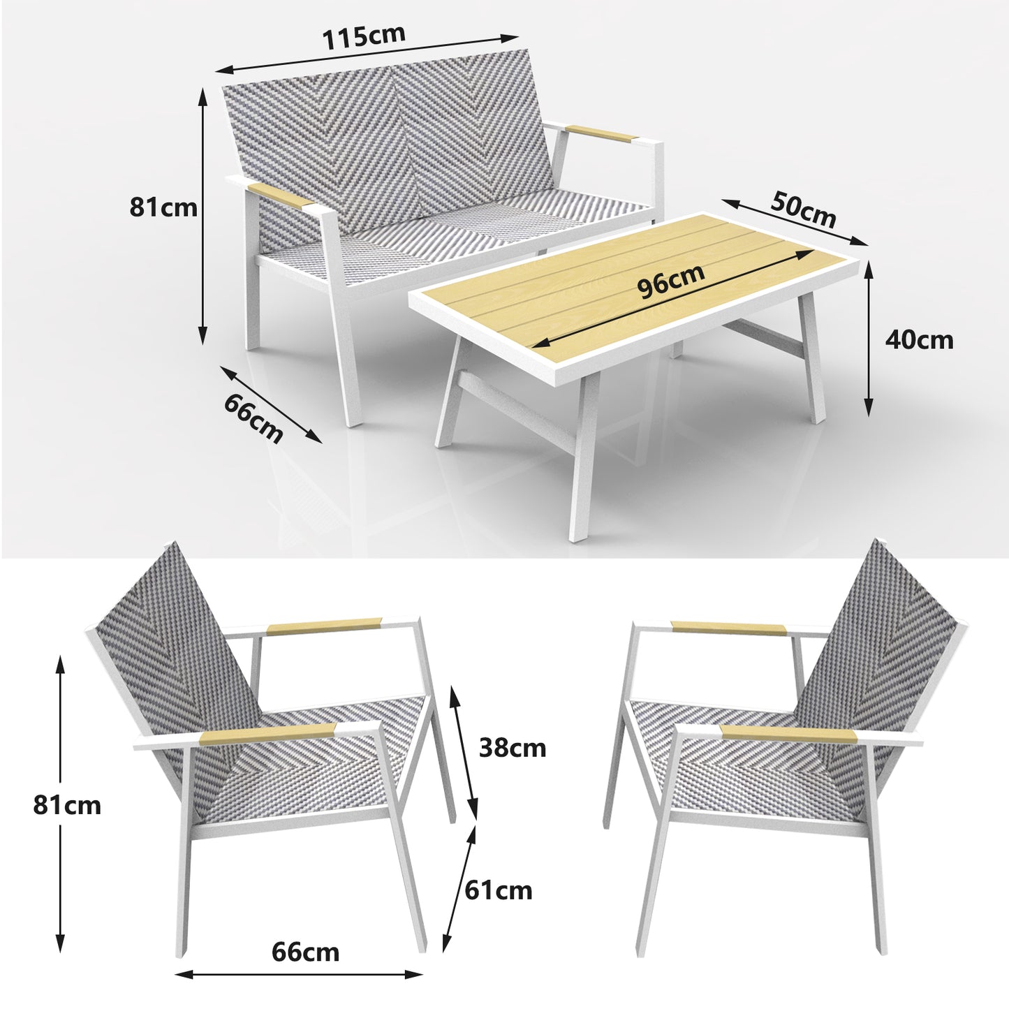 RANSENERS Premium 4tlg-Set Gartenmöbelset mit Vollemaluminium Rahmen und Polyrattan Sitzfläche für Garten Terrasse und Balkon (Weiß)