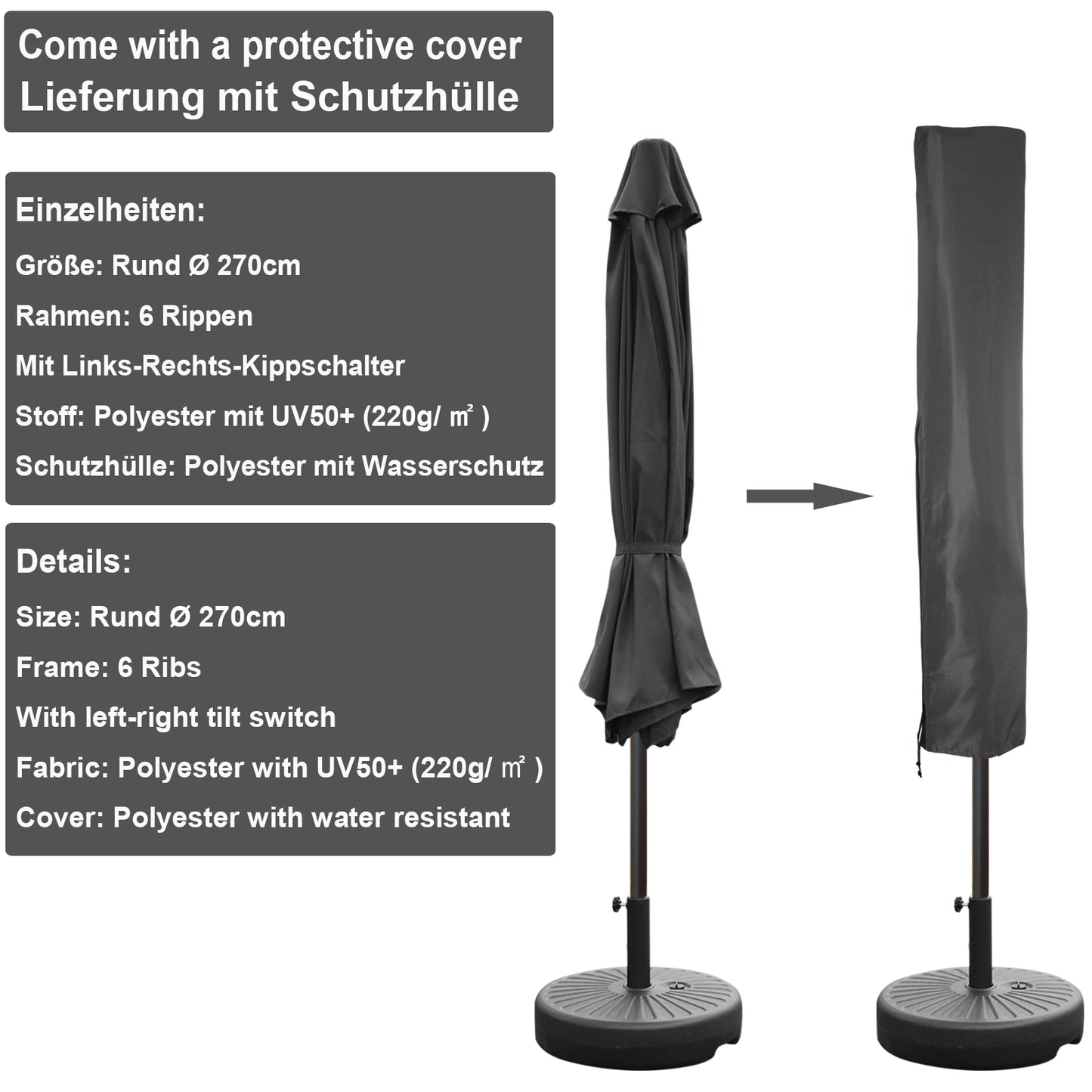 RANSENERS Sonnenschirm Ø 270 cm - Kippbarer Gartenschirm mit UV-Schutz UPF50+ Stoff (Grau)
