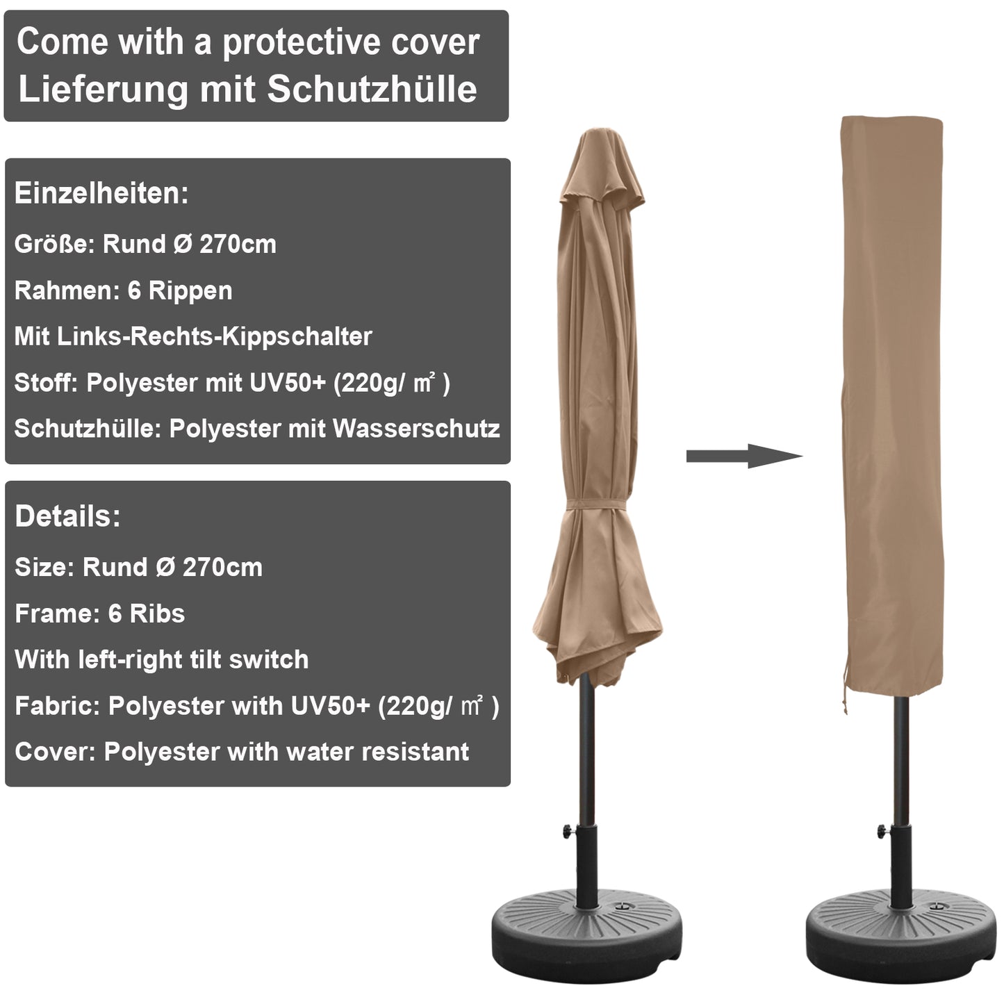 RANSENERS Sonnenschirm Ø 270 cm mit Schirmständer, Kippbarer Gartenschirm mit UV-Schutz UPF50+ Stoff (Beige)