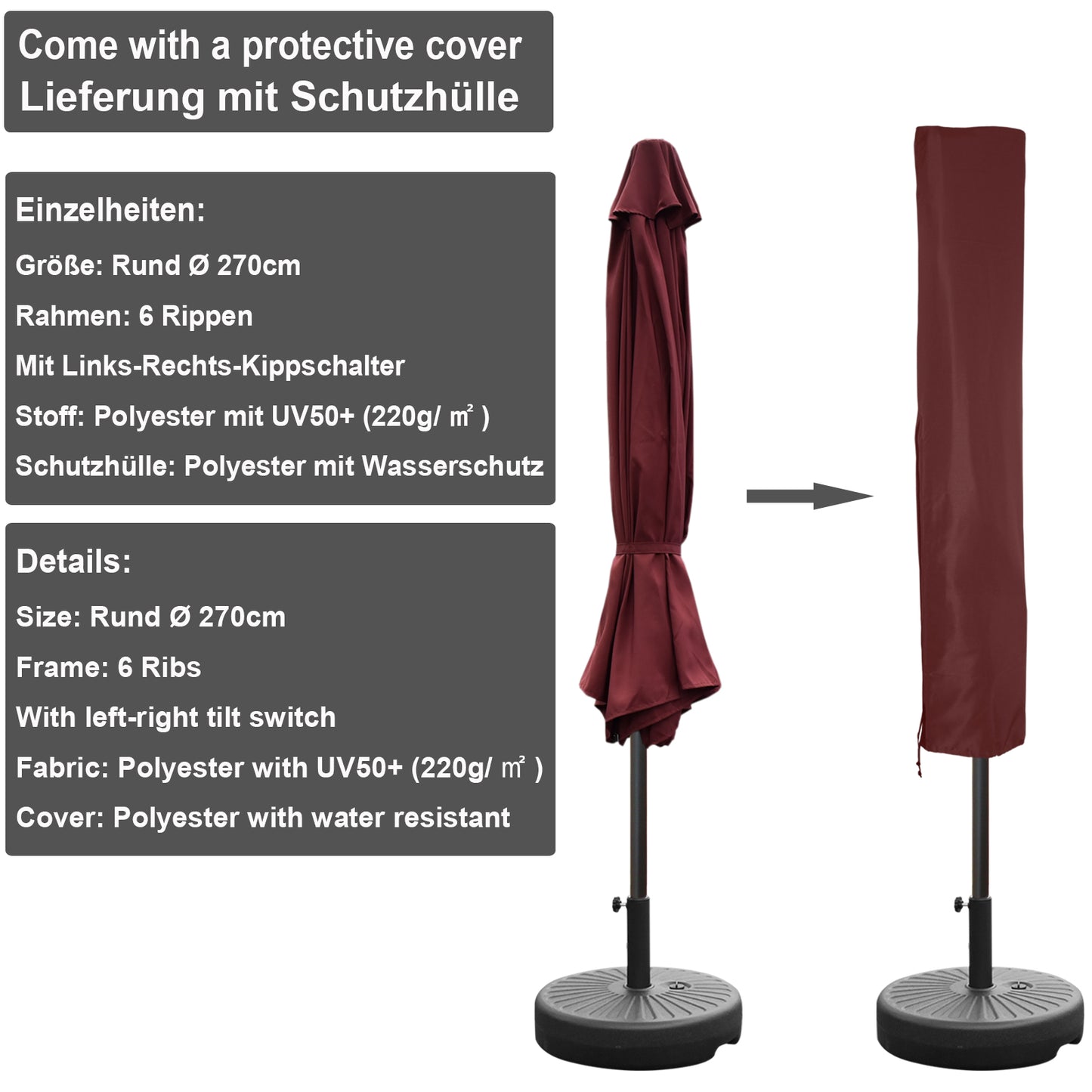 RANSENERS Sonnenschirm Ø 270 cm mit Schirmständer, Kippbarer Gartenschirm mit UV-Schutz UPF50+ Stoff (Rotwein)