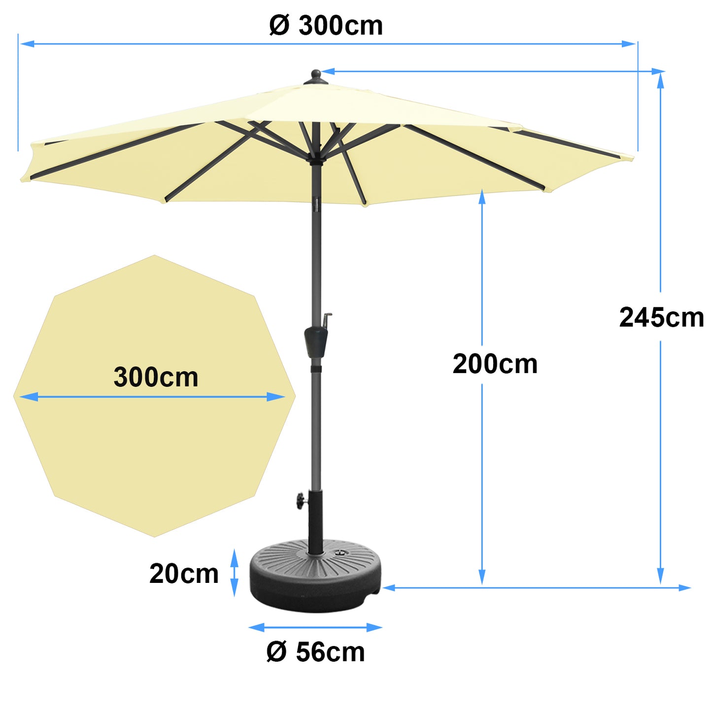 RANSENERS Sonnenschirm Ø 300cm mit Schirmständer, Kippbarer Gartenschirm mit UV-Schutz UPF50+ (Creme)