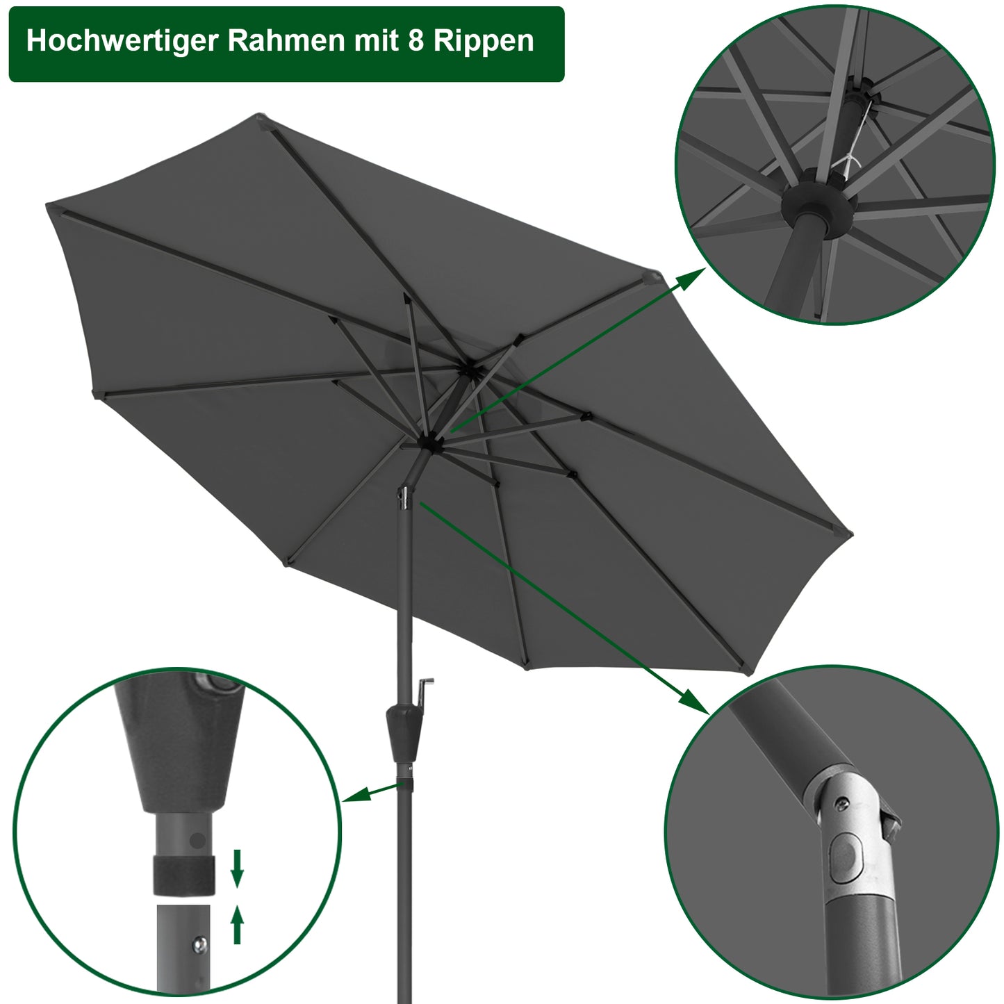 RANSENERS Sonnenschirm Ø 300 cm mit Schirmständer, Kippbarer Gartenschirm mit UV-Schutz UPF50+ (Grau)