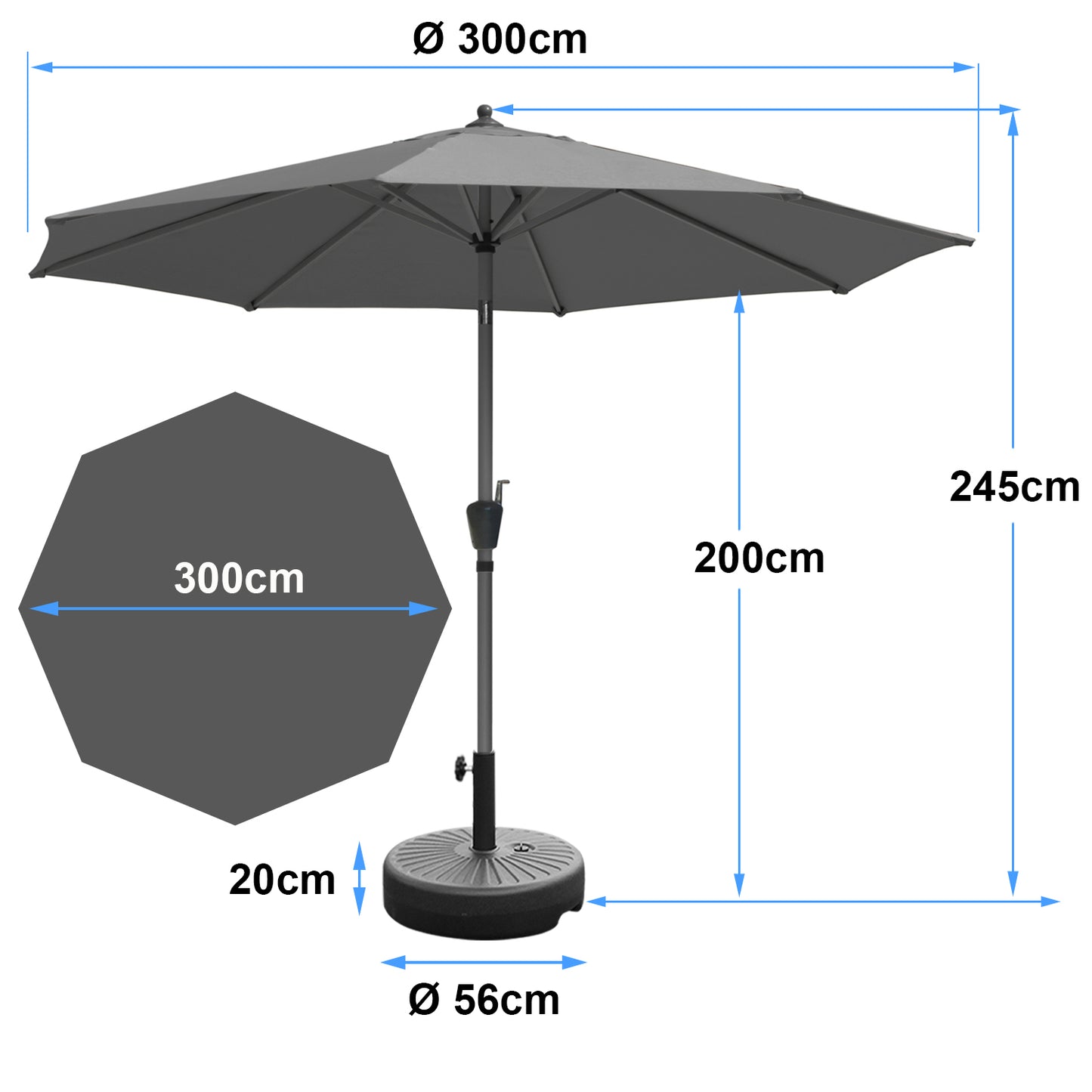 RANSENERS Sonnenschirm Ø 300 cm mit Schirmständer, Kippbarer Gartenschirm mit UV-Schutz UPF50+ (Grau)