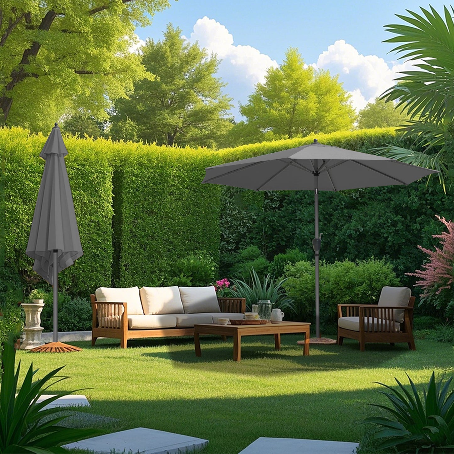 RANSENERS Sonnenschirm Ø 300 cm mit Schirmständer, Kippbarer Gartenschirm mit UV-Schutz UPF50+ (Grau)