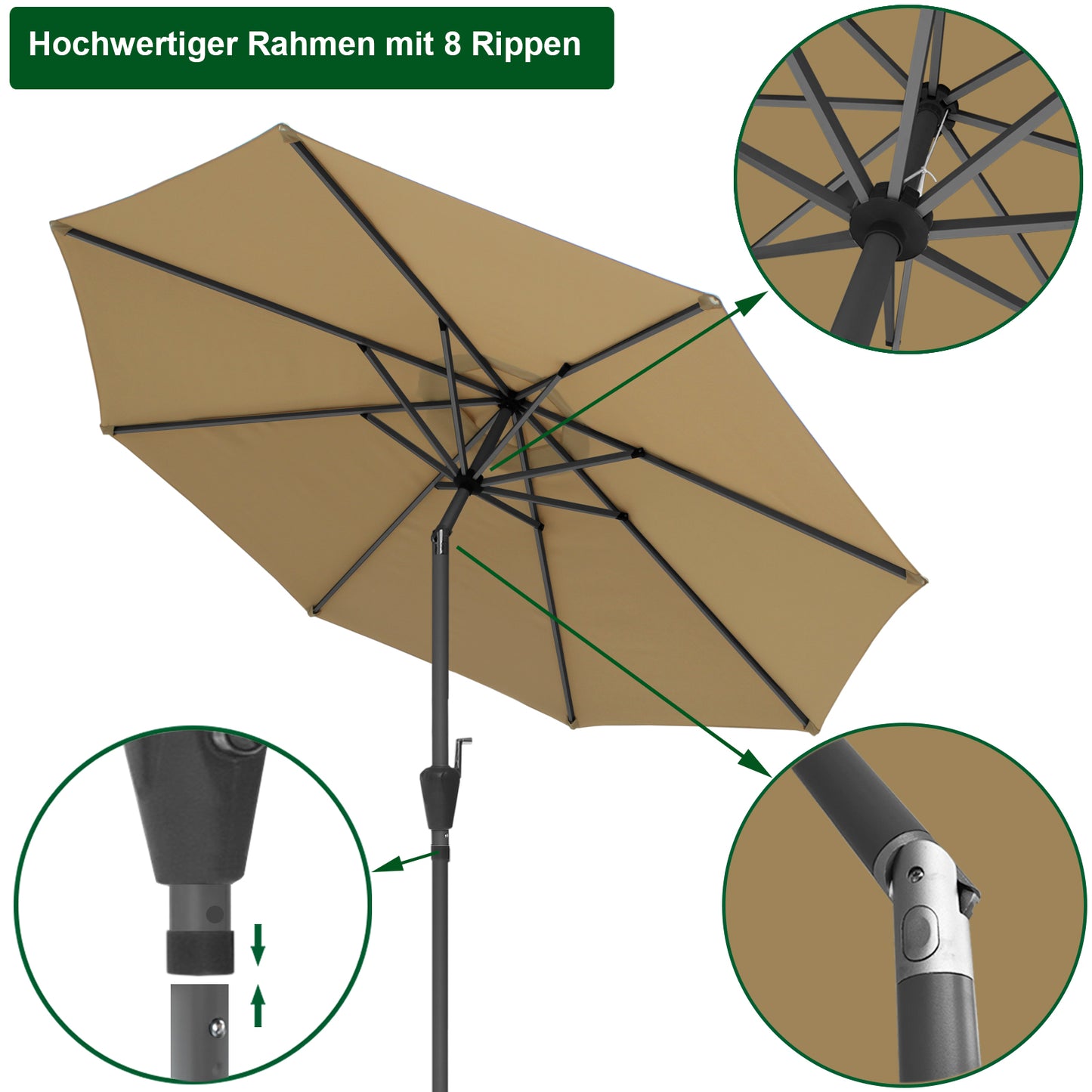 RANSENERS Sonnenschirm Ø 300 cm mit Schirmständer, Kippbarer Gartenschirm mit UV-Schutz UPF50+ (Beige)