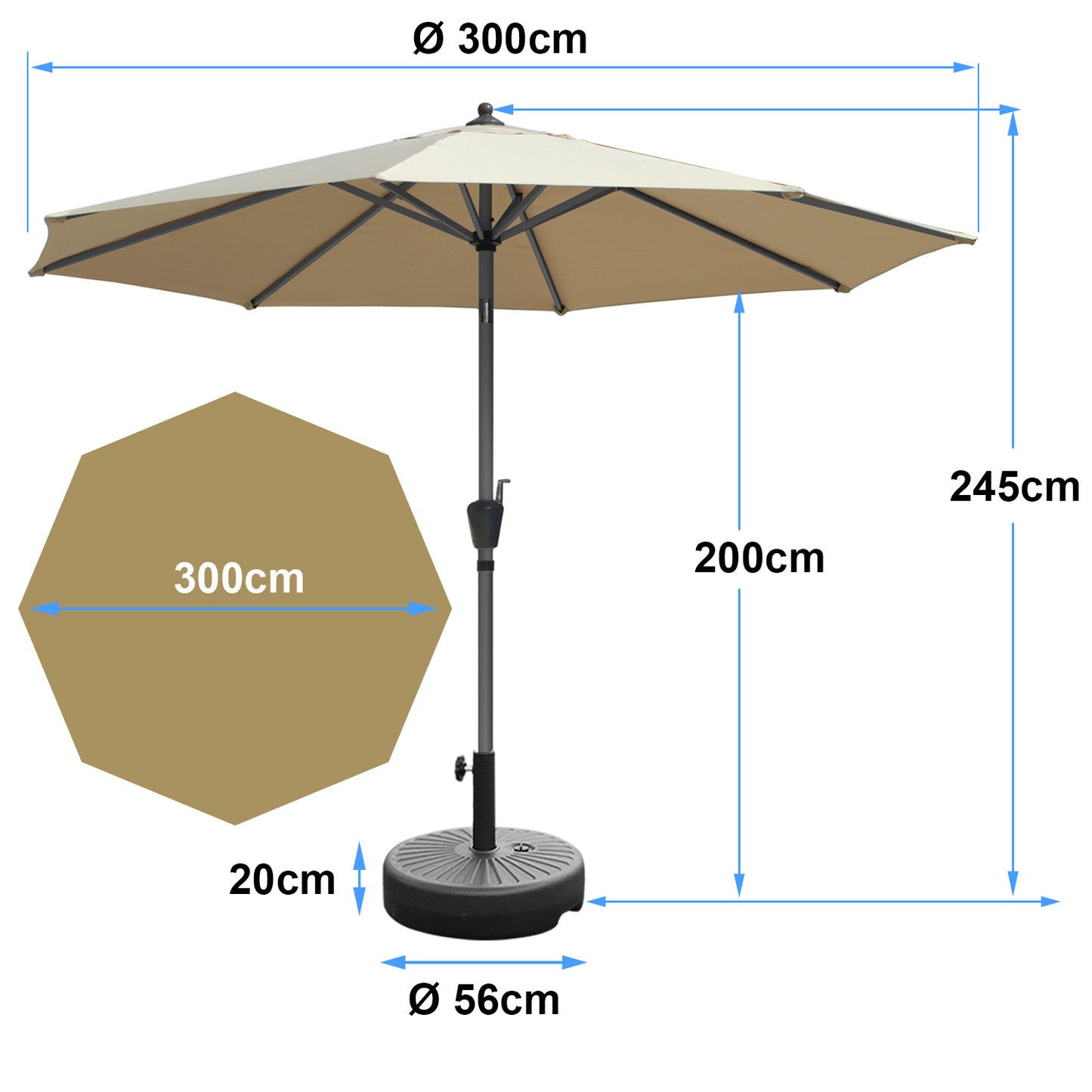 RANSENERS Sonnenschirm Ø 300 cm mit Schirmständer, Kippbarer Gartenschirm mit UV-Schutz UPF50+ (Beige)