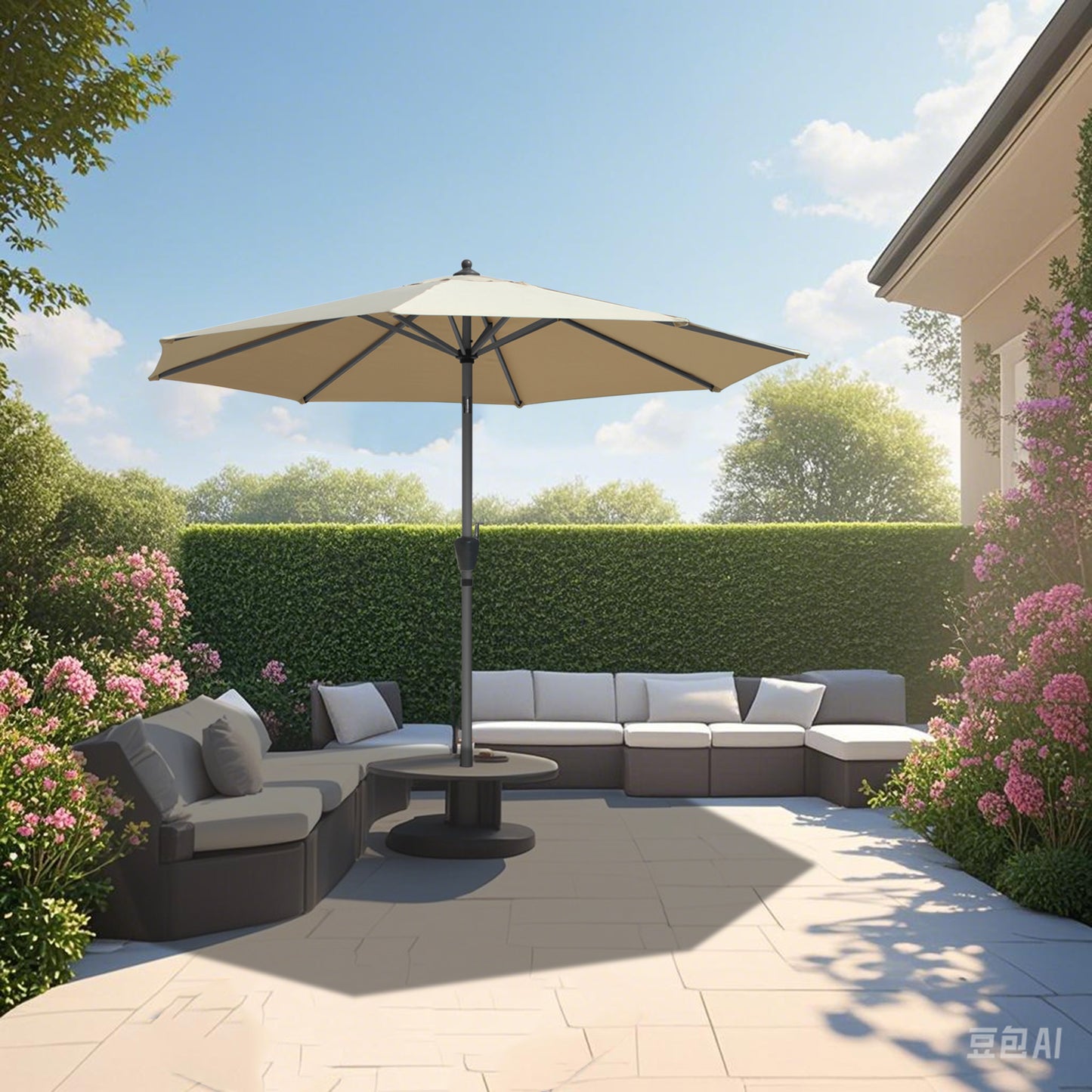 RANSENERS Sonnenschirm Ø 300 cm mit Schirmständer, Kippbarer Gartenschirm mit UV-Schutz UPF50+ (Beige)