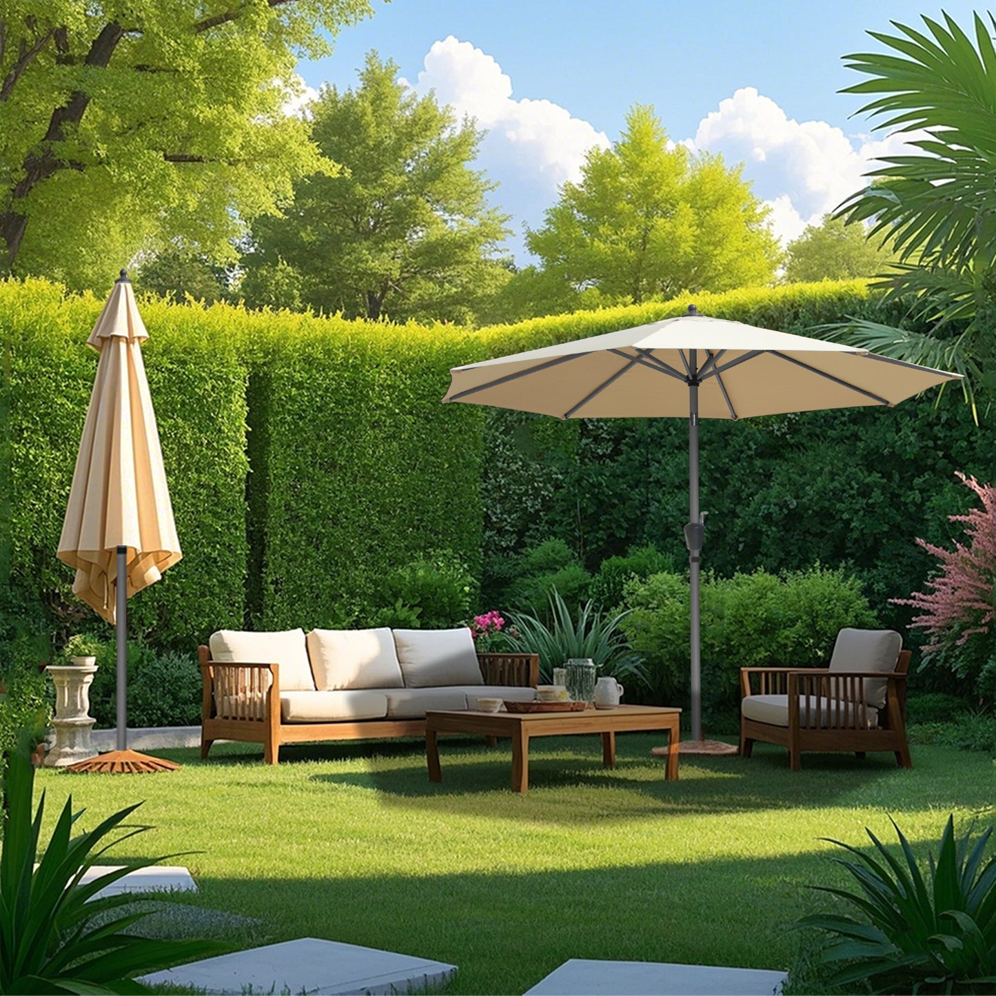 RANSENERS Sonnenschirm Ø 300 cm mit Schirmständer, Kippbarer Gartenschirm mit UV-Schutz UPF50+ (Beige)