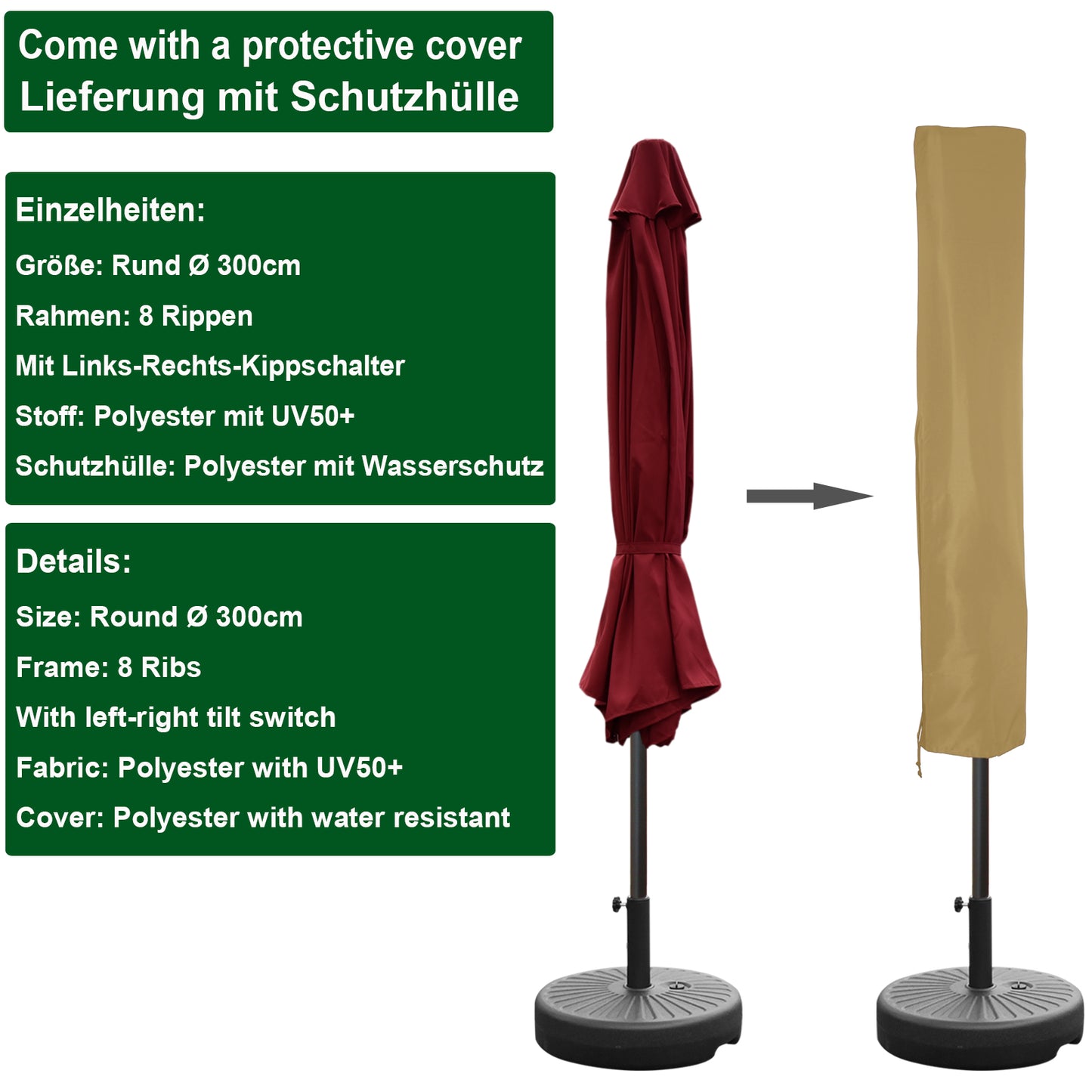 RANSENERS Sonnenschirm Ø 300 cm, Kippbarer Gartenschirm mit UV-Schutz UPF50+ (Rotwein)
