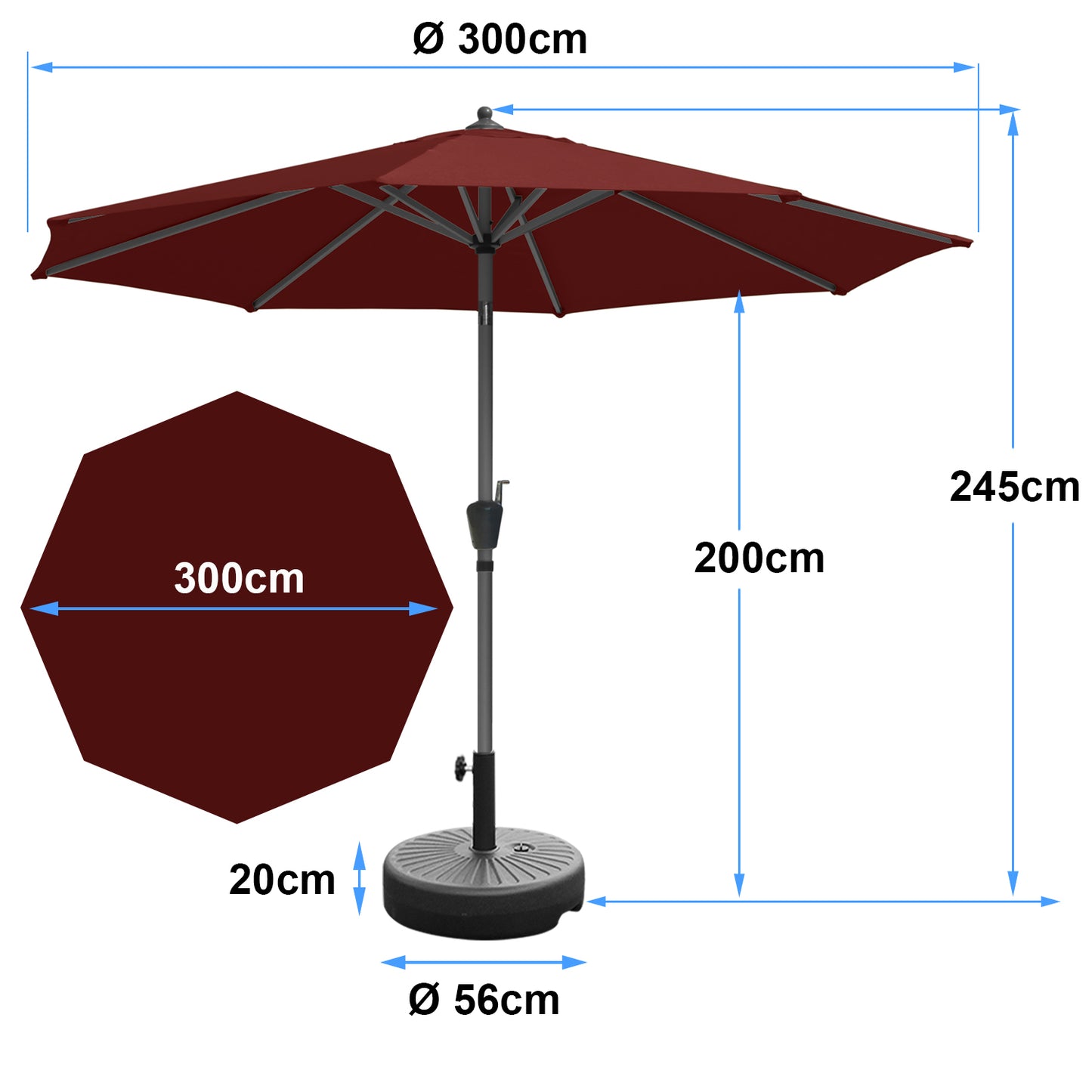 RANSENERS Sonnenschirm Ø 300cm mit Schirmständer, Kippbarer Gartenschirm mit UV-Schutz UPF50+