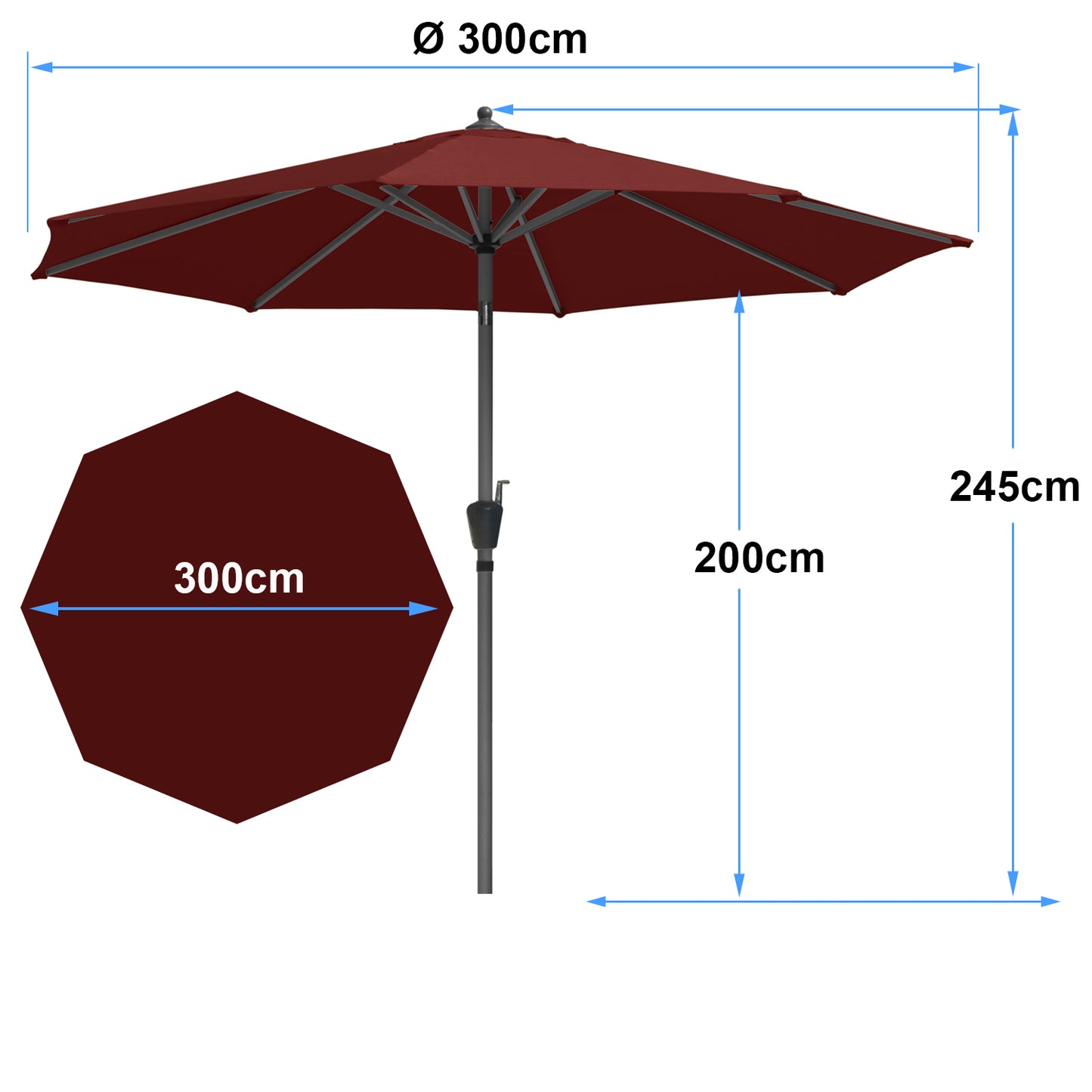 RANSENERS Sonnenschirm Ø 300 cm, Kippbarer Gartenschirm mit UV-Schutz UPF50+ (Rotwein)