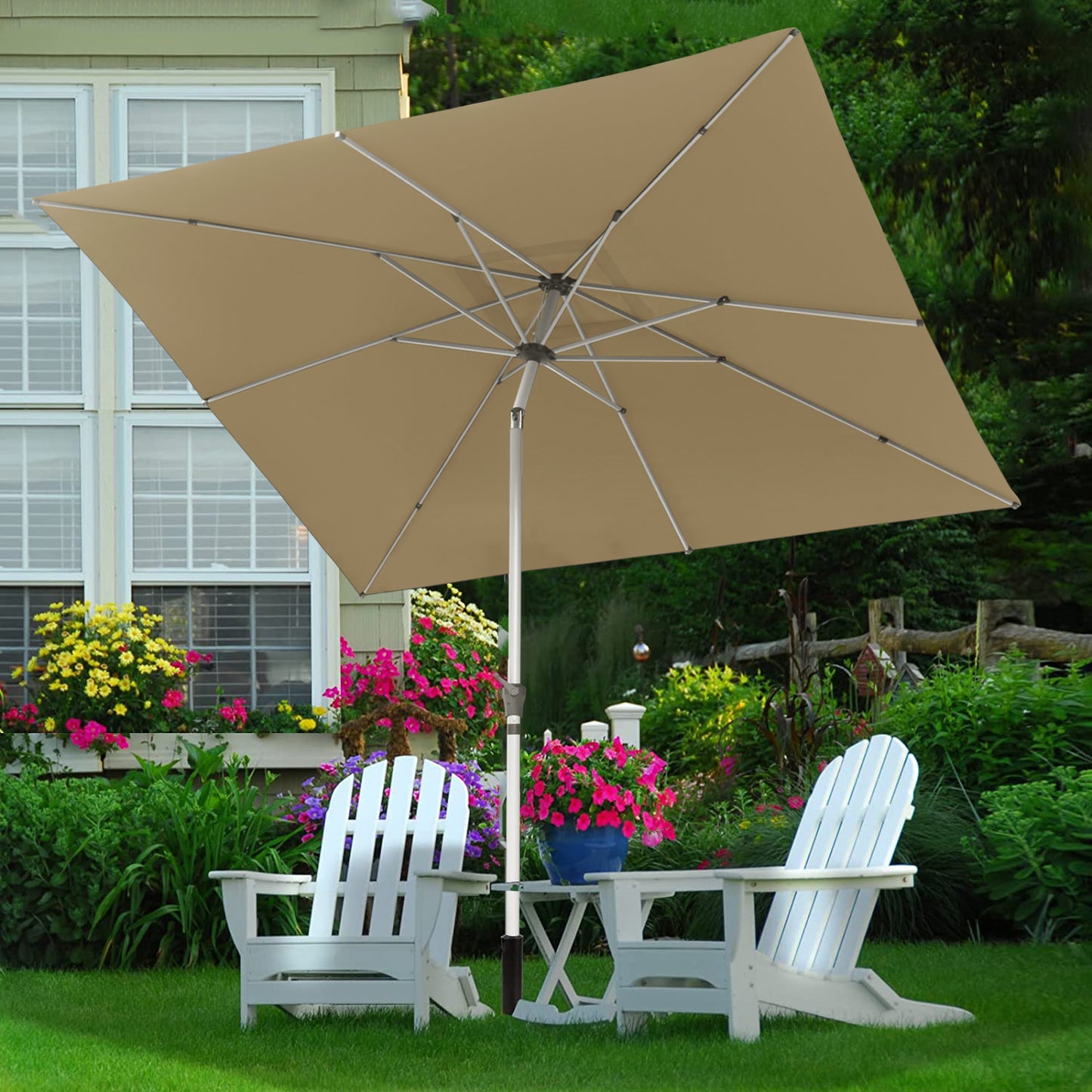 RANSENERS Kippbarer Sonnenschirm mit Schirmständer, Quadratisch 250 x 250 cm, Gartenschirm mit 8 Rippe, UV-Schutz UPF50+ (Beige)