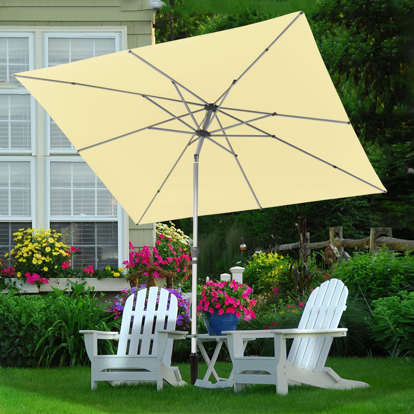 RANSENERS Kippbarer Sonnenschirm mit Schirmständer, Quadratisch 250 x 250 cm, Gartenschirm mit 8 Rippe, UV-Schutz UPF50+ (Creme)