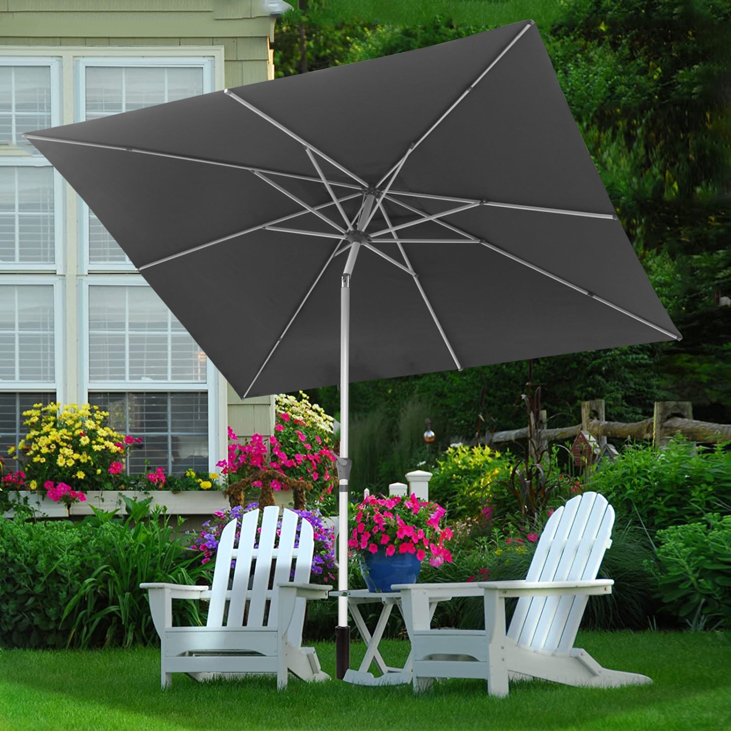 RANSENERS Kippbarer Sonnenschirm mit Kreuzfuß, Quadratisch 250 x 250 cm, Gartenschirm mit 8 Rippe, UV-Schutz UPF50+ (Grau)