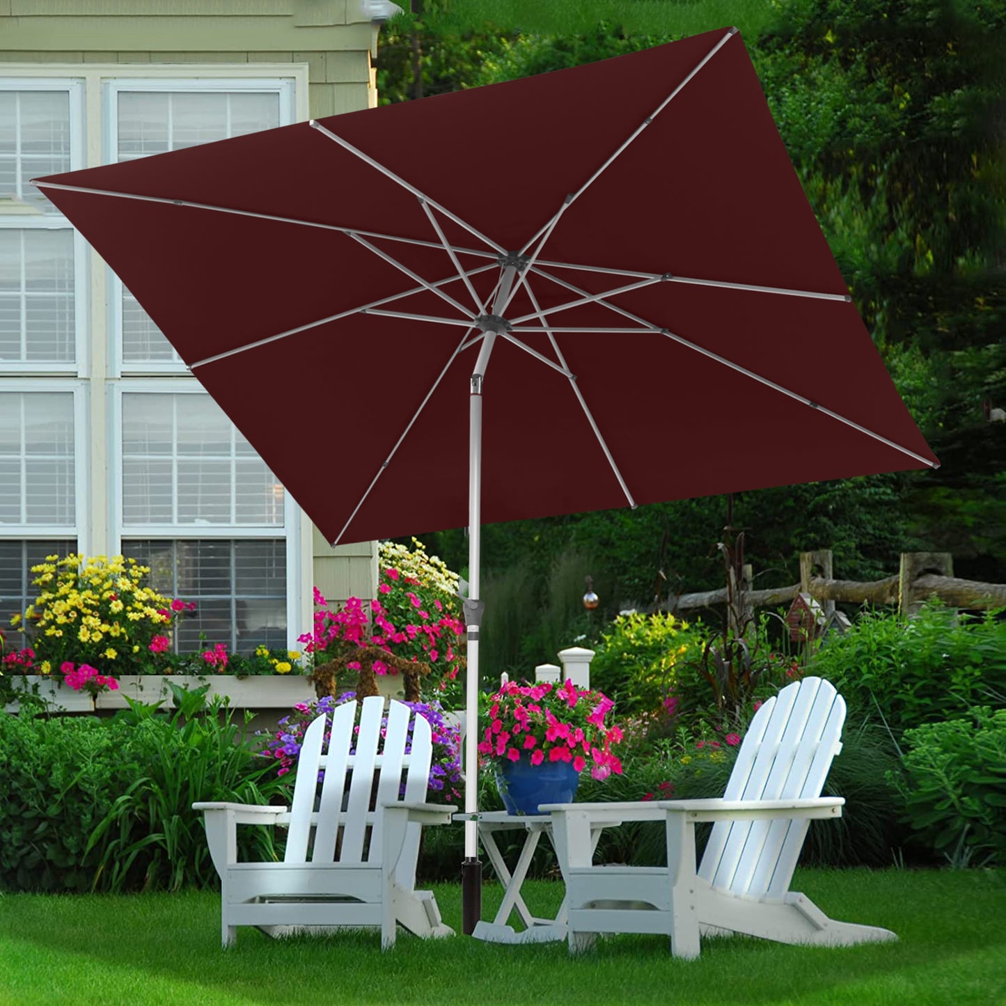 RANSENERS Kippbarer Sonnenschirm mit Kreuzfuß, Quadratisch 250 x 250 cm, Gartenschirm mit 8 Rippe, UV-Schutz UPF50+ (Rotwein)