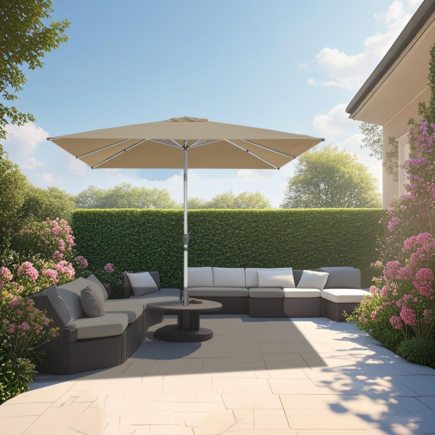 RANSENERS Kippbarer Sonnenschirm mit Schirmständer, Quadratisch 250 x 250 cm, Gartenschirm mit 8 Rippe, UV-Schutz UPF50+ (Beige)
