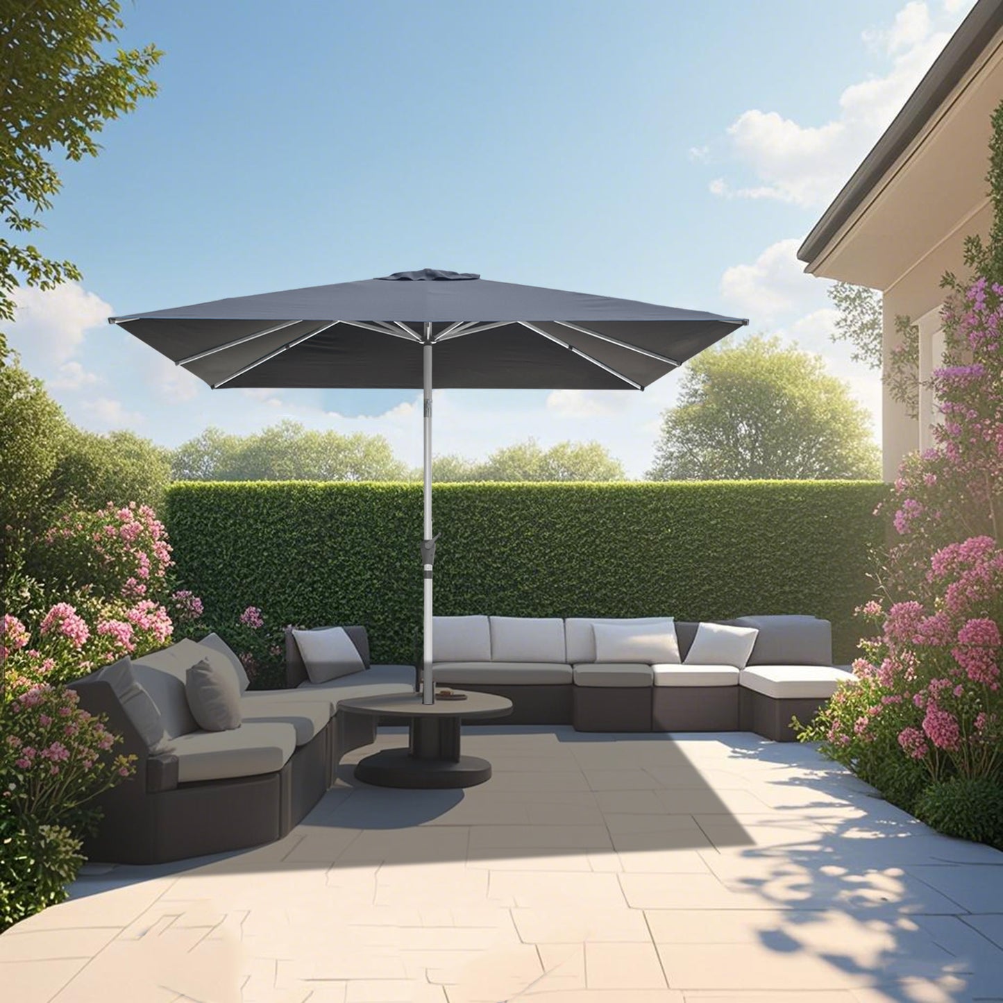 RANSENERS Kippbarer Sonnenschirm mit Kreuzfuß, Quadratisch 250 x 250 cm, Gartenschirm mit 8 Rippe, UV-Schutz UPF50+ (Grau)