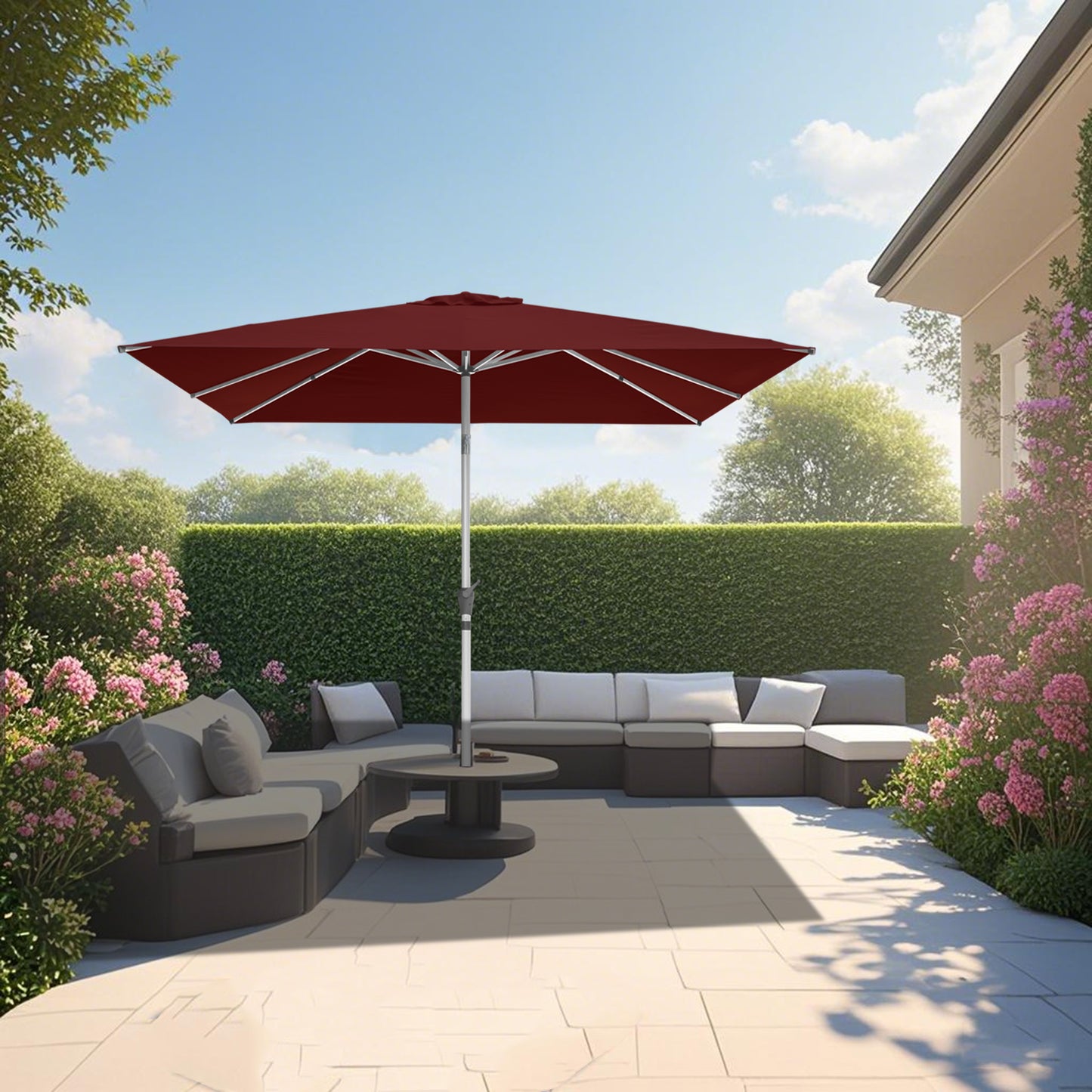 RANSENERS Kippbarer Sonnenschirm mit Kreuzfuß, Quadratisch 250 x 250 cm, Gartenschirm mit 8 Rippe, UV-Schutz UPF50+ (Rotwein)