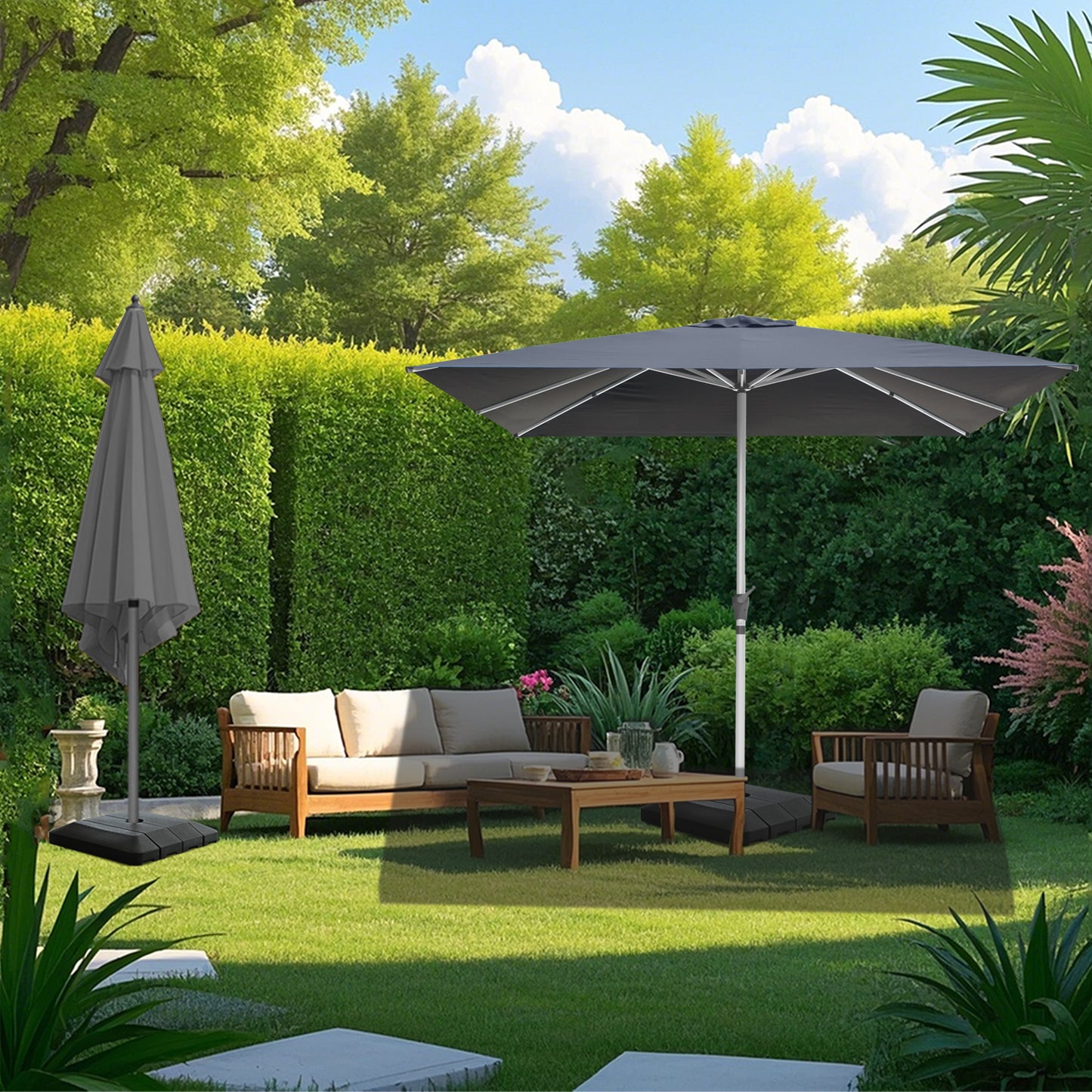 RANSENERS Premium Großer Sonnenschirm 300x300cm mit Schirmständer - Gartenschirm mit Hochwertiger Rahmen und 8 Rippen - mit UV50+ Schutz (Grau)