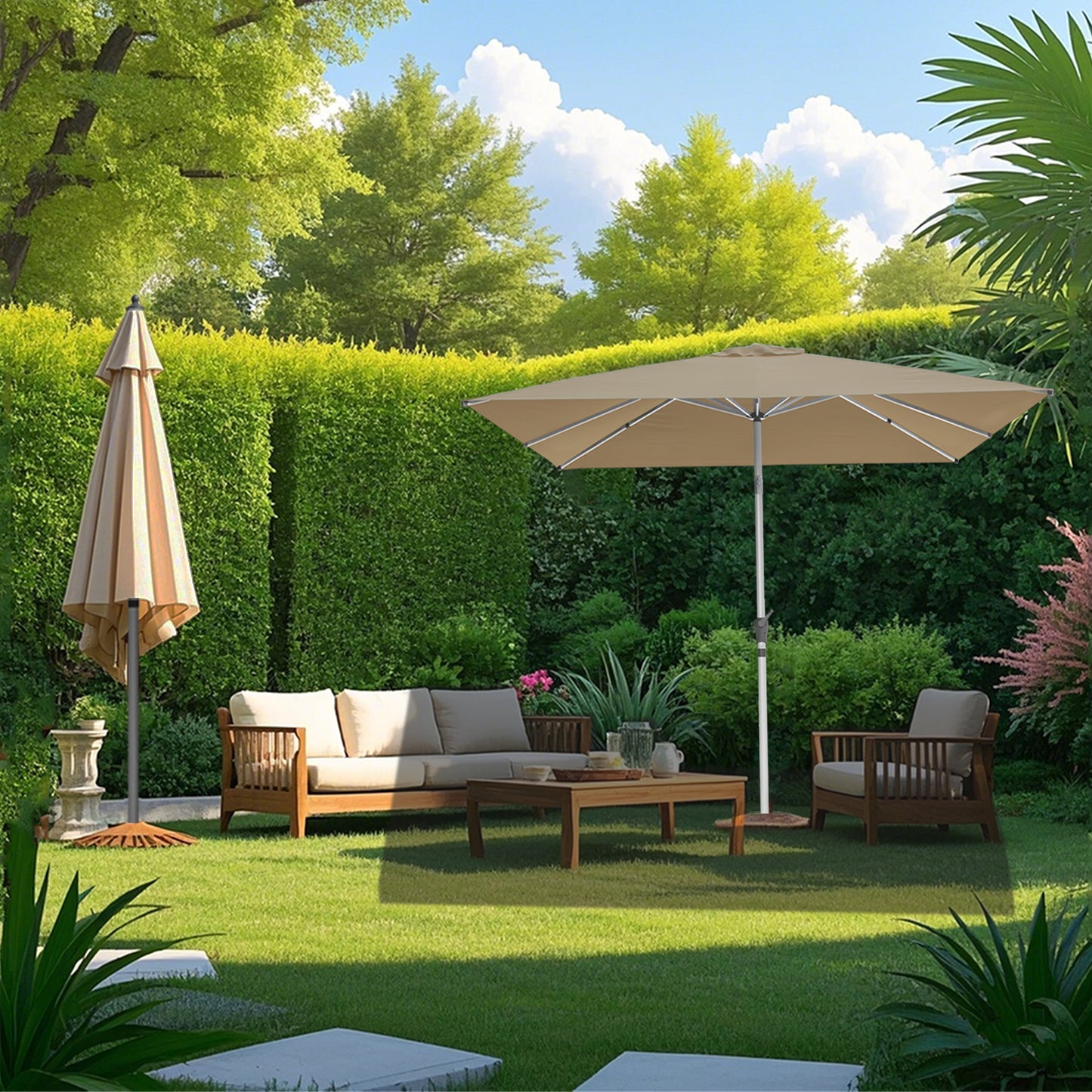 RANSENERS Kippbarer Sonnenschirm mit Schirmständer, Quadratisch 250 x 250 cm, Gartenschirm mit 8 Rippe, UV-Schutz UPF50+ (Beige)