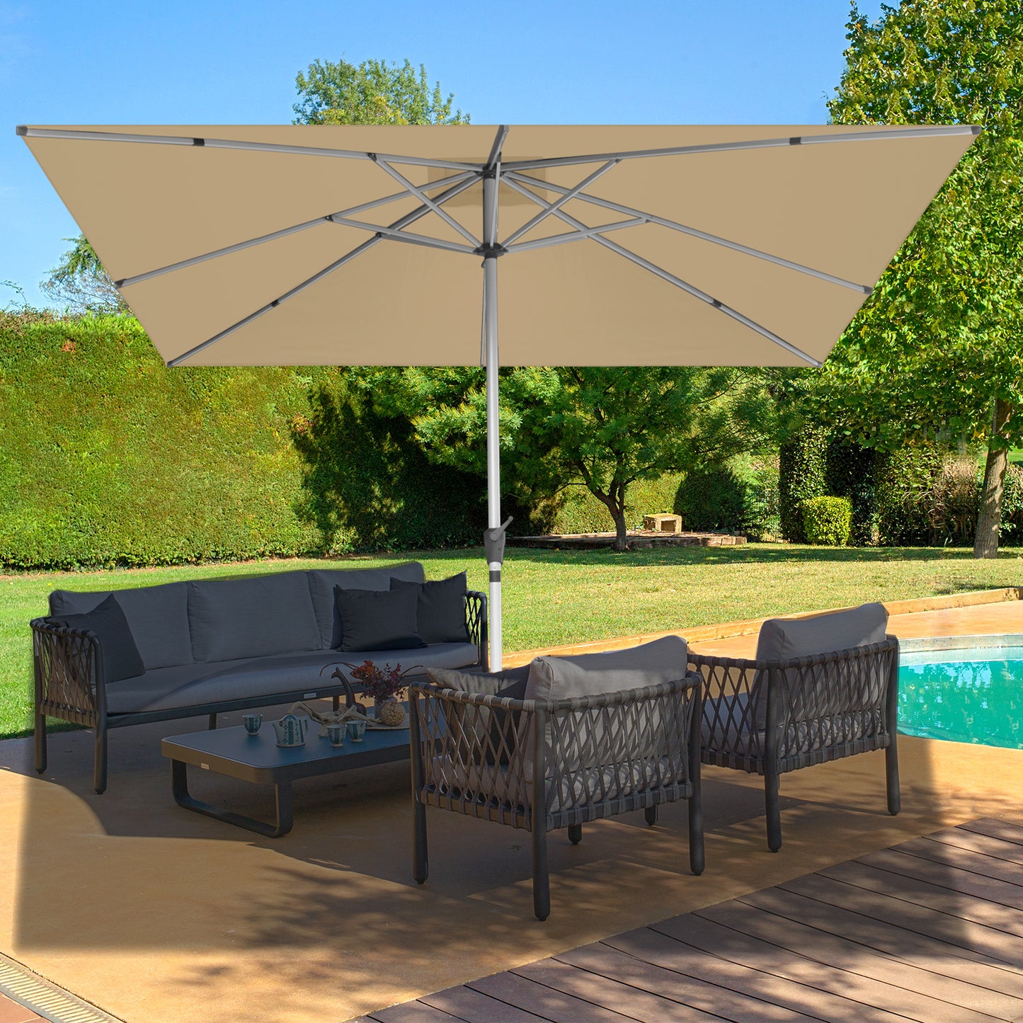 RANSENERS Premium Großer Sonnenschirm 300x300cm mit Kreuzständer - Gartenschirm mit Hochwertiger Rahmen und 8 Rippen - mit UV50+ Schutz (Beige)