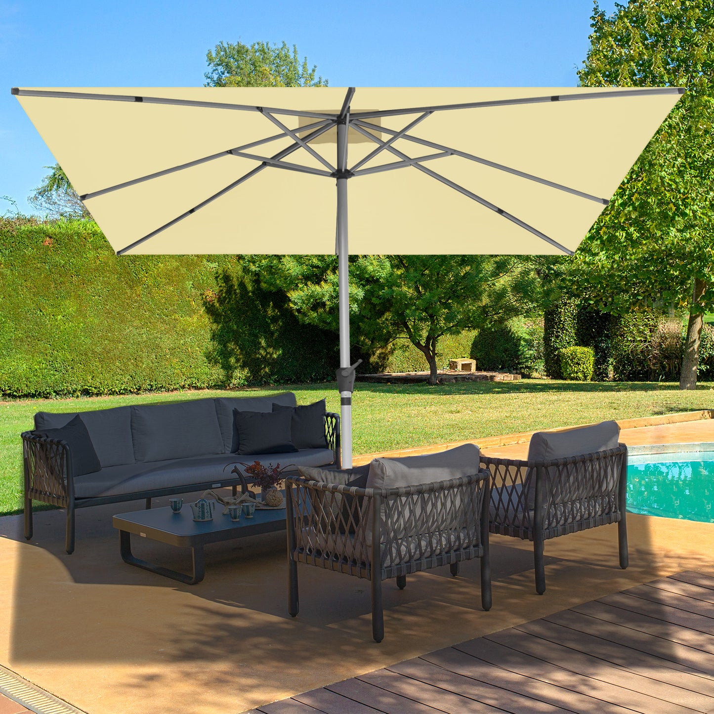 RANSENERS Premium Sonnenschirm mit Kreuzfuß, Quadratisch 300 x 300 cm Gartenschirm, UV-Schutz UPF50+ (Creme)