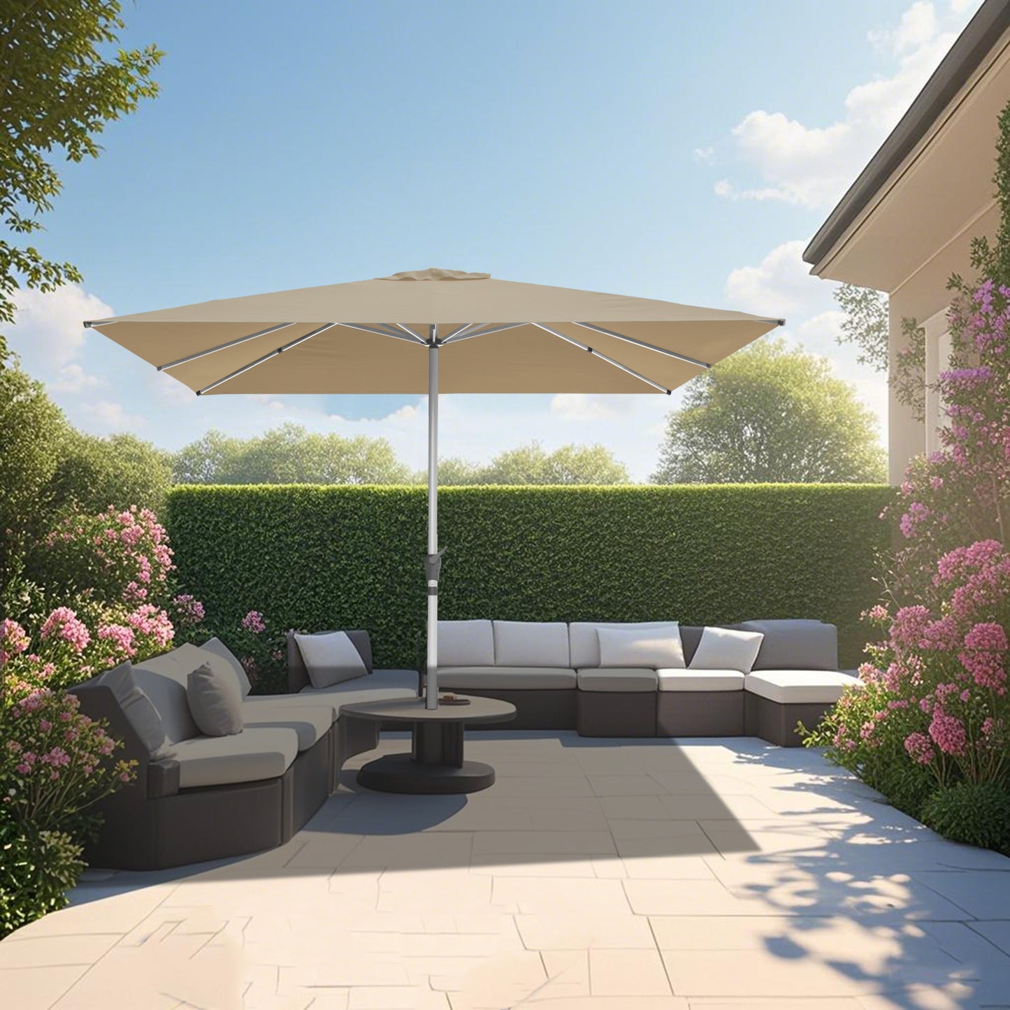 RANSENERS Premium Sonnenschirm mit Schirmständer, Quadratisch 300 x 300 cm Gartenschirm, UV-Schutz UPF50+ (Beige)