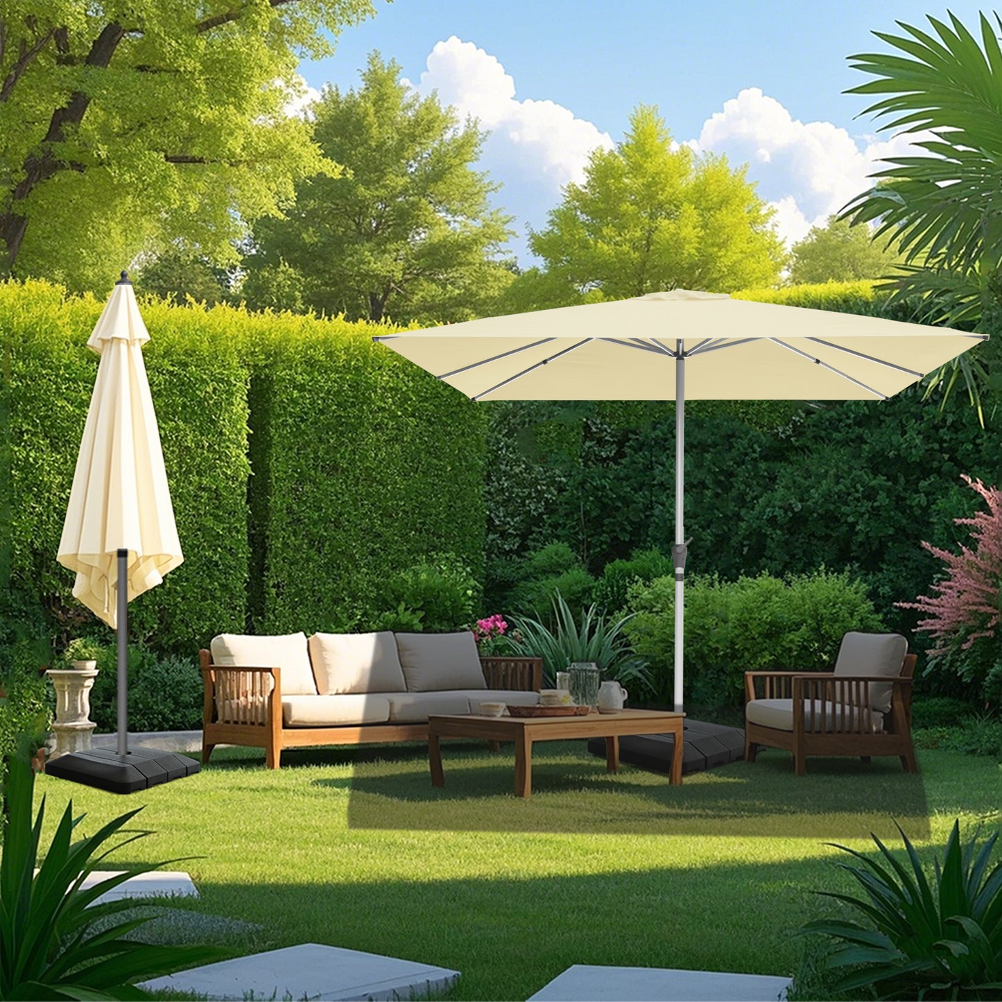 RANSENERS Premium Sonnenschirm mit Kreuzfuß, Quadratisch 300 x 300 cm Gartenschirm, UV-Schutz UPF50+ (Creme)
