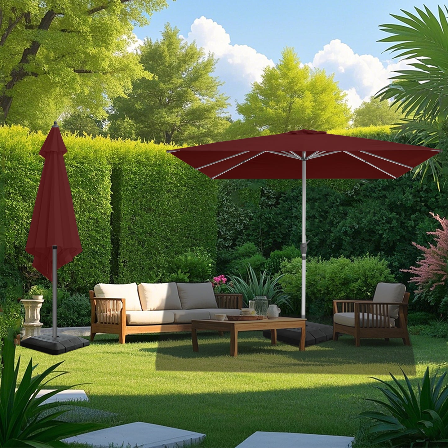 RANSENERS Premium Sonnenschirm mit Schirmständer, Quadratisch 300 x 300 cm Gartenschirm, UV-Schutz UPF50+ (Rotwein)