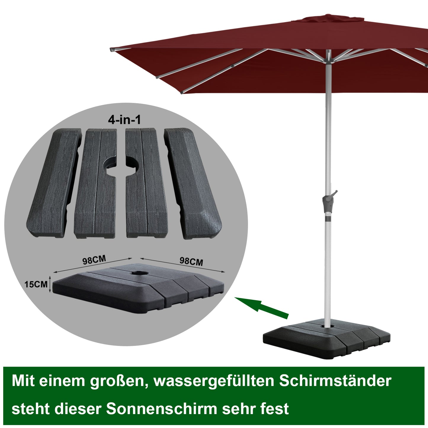 RANSENERS Premium Sonnenschirm mit Schirmständer, Quadratisch 300 x 300 cm Gartenschirm, UV-Schutz UPF50+ (Rotwein)