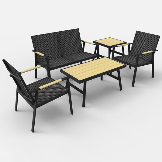 RANSENERS Premium 5tlg-Set Gartenmöbelset mit Vollemaluminium Rahmen und Polyrattan Sitzfläche für Garten Terrasse und Balkon (Schwarz)