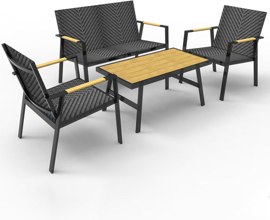 RANSENERS Premium 4tlg-Set Gartenmöbelset mit Vollemaluminium Rahmen und Polyrattan Sitzfläche für Garten Terrasse und Balkon (Schwarz)