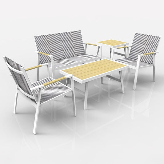RANSENERS Premium 5tlg-Set Gartenmöbelset mit Vollemaluminium Rahmen und Polyrattan Sitzfläche für Garten Terrasse und Balkon (Weiß)
