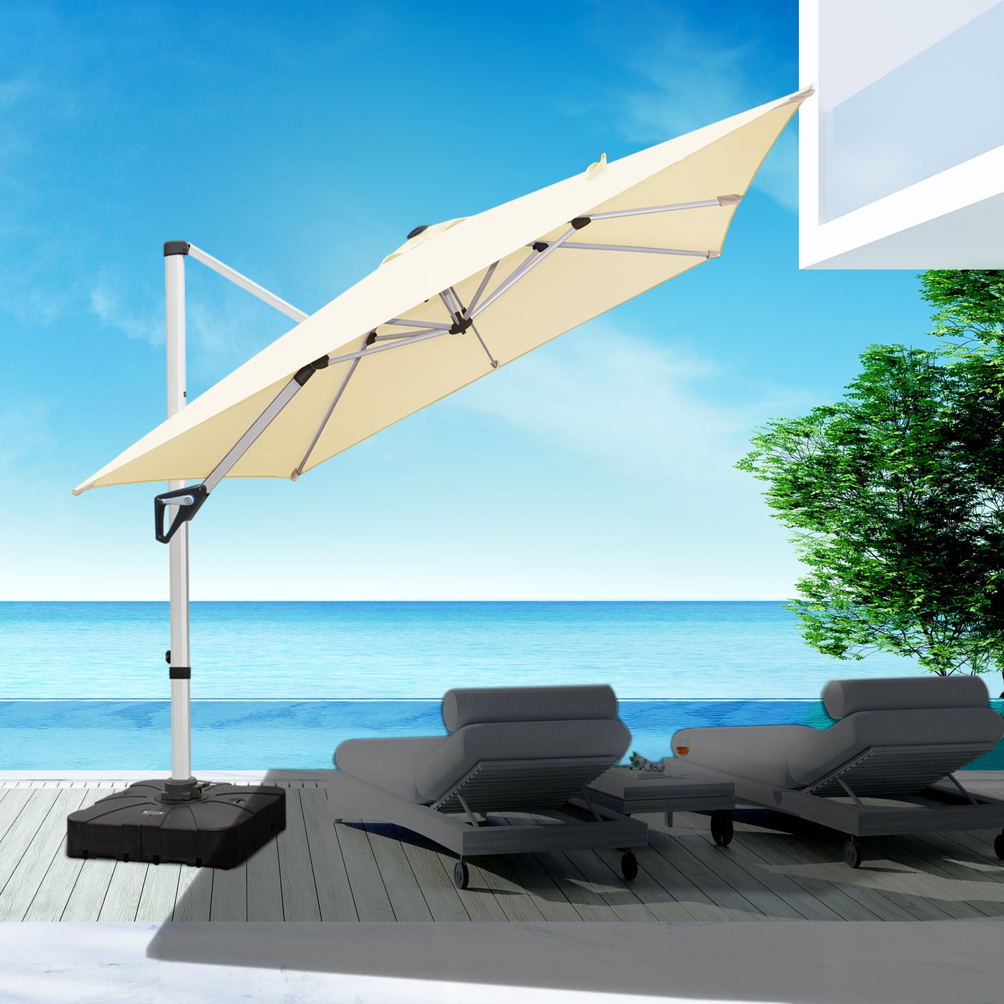 RANSENERS Premium Ampelschirm 270 x 270 cm mit Schirmständer, Aluminium Rahmen, 360° Drehbar, Neigbar 0°-90°, 240 g/m² Extra-Dicker Gewebe mit UV50+, für Garten, Kaffeehaus im Freien