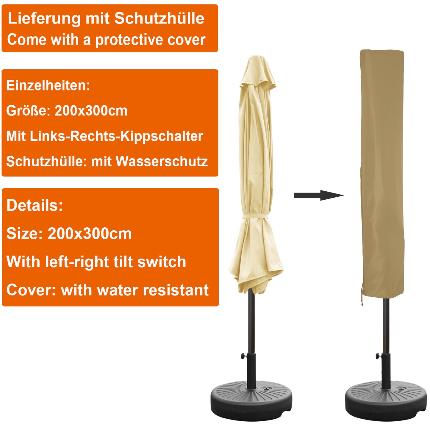 RANSENERS Kippbarer Sonnenschirm Rechteckig 200 x 300 cm mit Schirmständer, Schutzhülle Inklusive, 200g/㎡ Gewebe mit UV50+ für Garten, Terrasse, Kaffeehaus im Freien