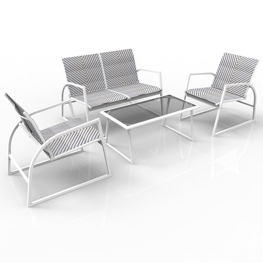 RANSENERS 4-Teilig Möbelset Sofagarnitur mit Doppelsofa Tisch und 2 Stühlen - Gartenmöbelset mit Legierter Stahl Rahmen und Polyrattan Sitzfläche für innen und außen