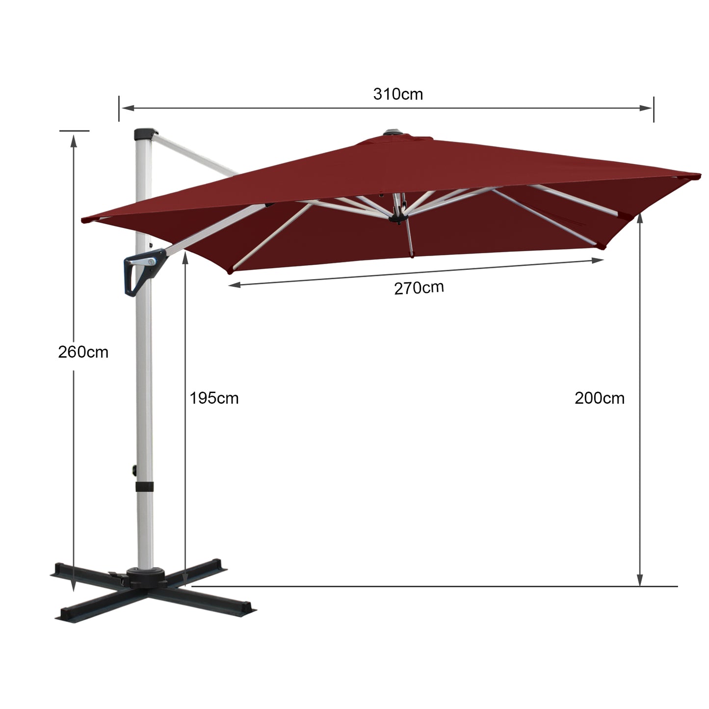 RANSENERS Premium Ampelschirm mit Kreuzfuß, Quadratisch 270 x 270 cm, mit 360° Drehbar, UV-Schutz UPF50+ (Rotwein)
