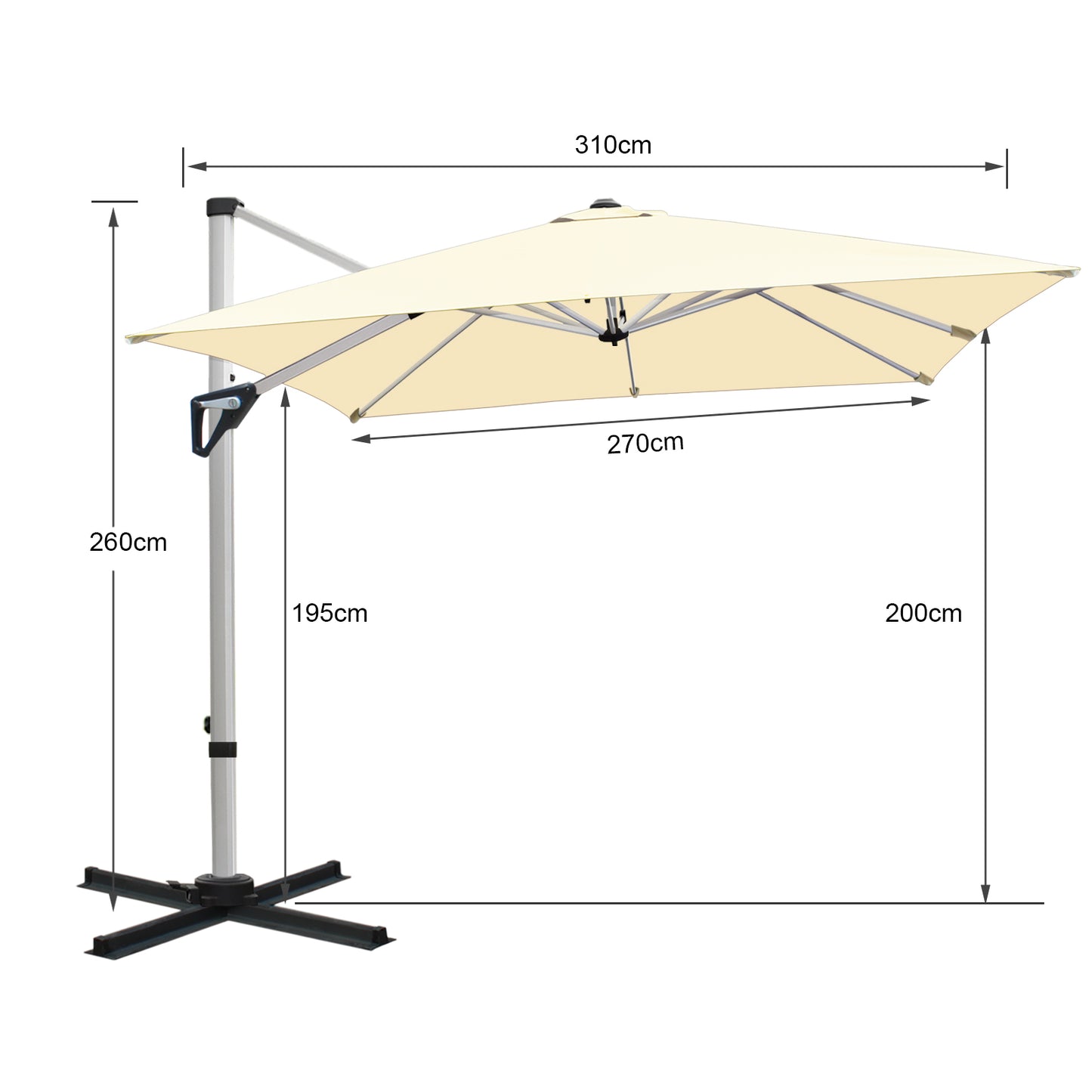 RANSENERS Premium Ampelschirm mit Kreuzfuß, Quadratisch 270 x 270 cm, mit 360° Drehbar, UV-Schutz UPF50+ (Creme)