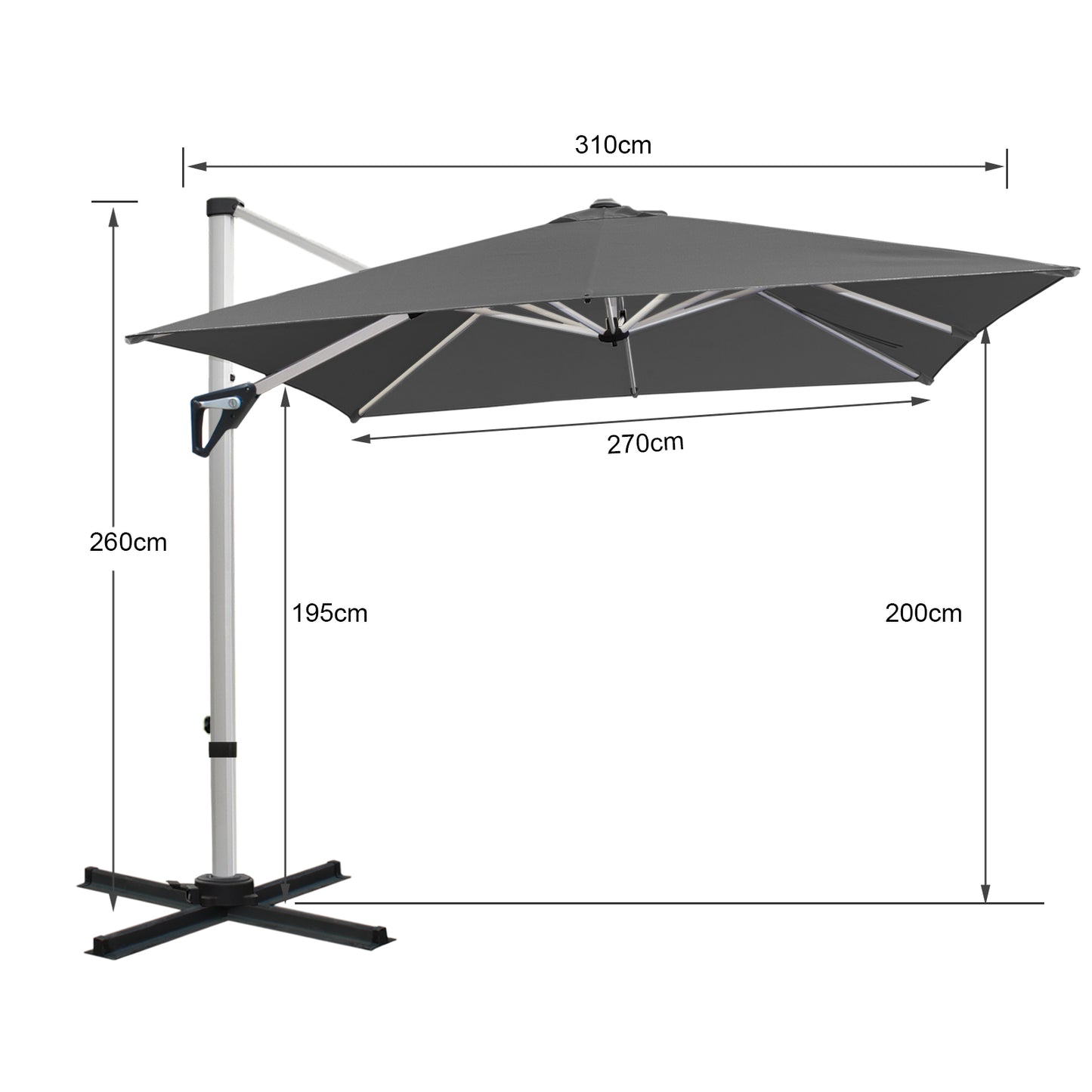 RANSENERS Premium Ampelschirm mit Kreuzfuß, Quadratisch 270 x 270 cm, mit 360° Drehbar, UV-Schutz UPF50+ (Grau)