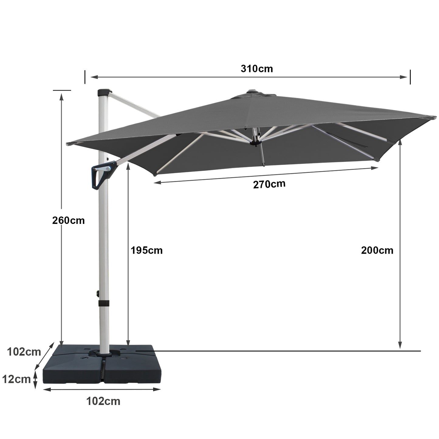 RANSENERS Premium Ampelschirm mit Schirmständer, Quadratisch 270 x 270 cm, mit 360° Drehbar, UV-Schutz UPF50+ (Grau)