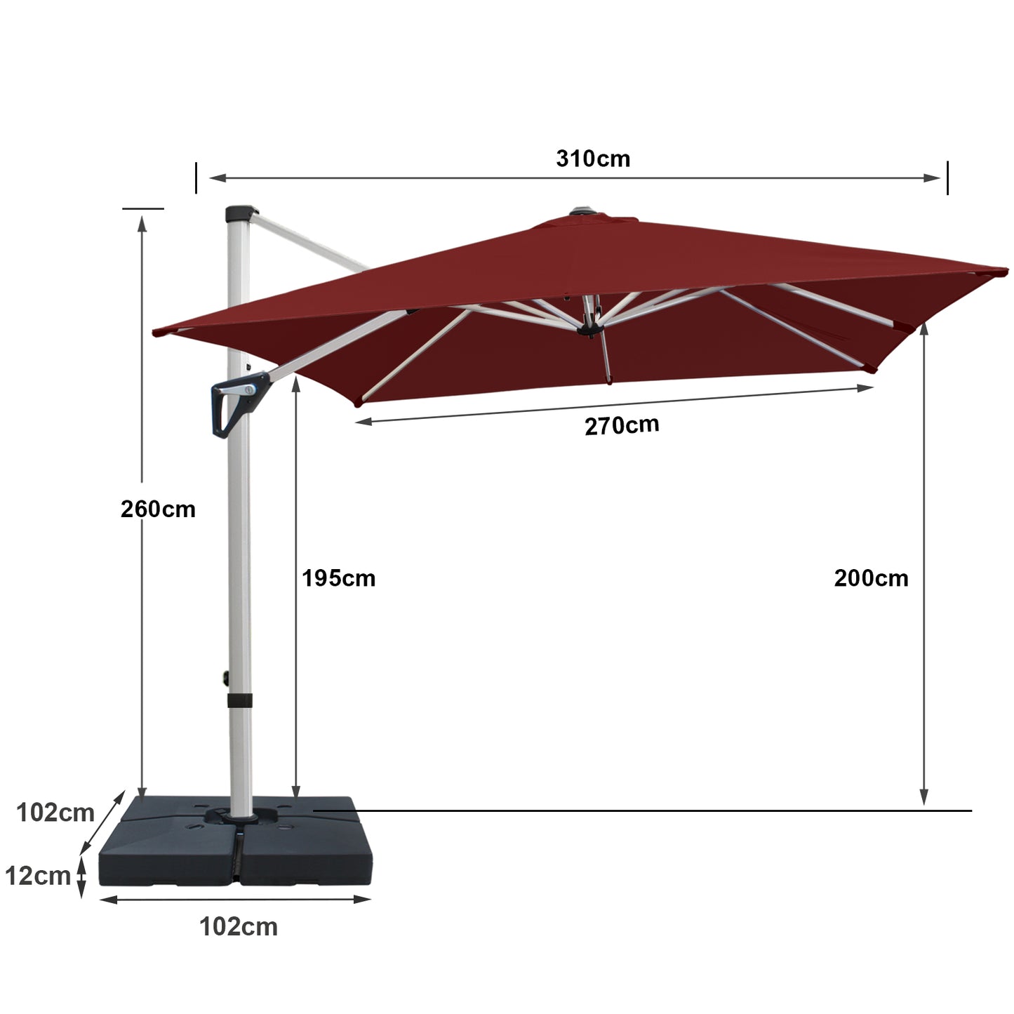 RANSENERS Premium Ampelschirm mit Schirmständer, Quadratisch 270 x 270 cm, mit 360° Drehbar, UV-Schutz UPF50+ (Rotwein)