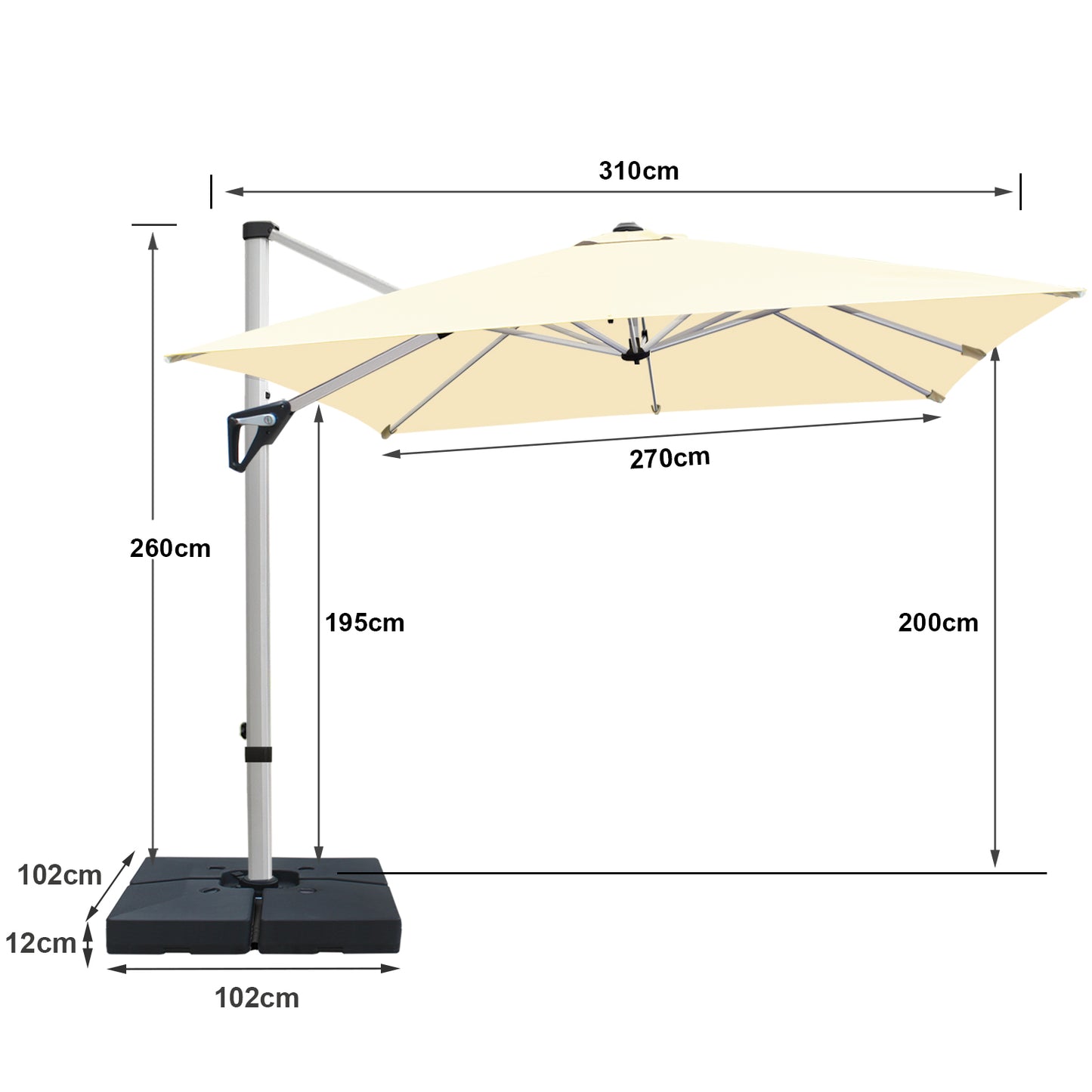 RANSENERS Premium Ampelschirm mit Schirmständer, Quadratisch 270 x 270 cm, mit 360° Drehbar, UV-Schutz UPF50+ (Creme)