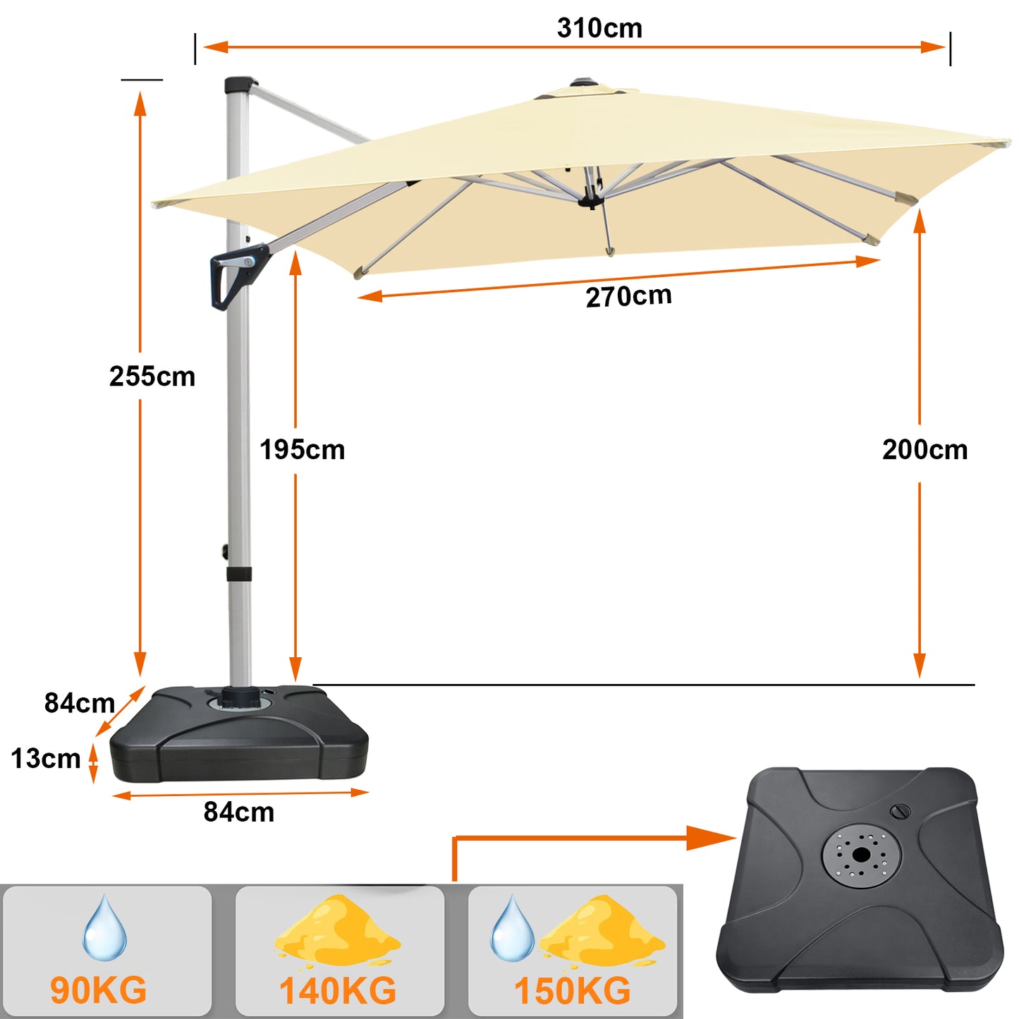 RANSENERS Premium Ampelschirm 270 x 270 cm mit Schirmständer, Aluminium Rahmen, 360° Drehbar, Neigbar 0°-90°, 240 g/m² Extra-Dicker Gewebe mit UV50+, für Garten, Kaffeehaus im Freien