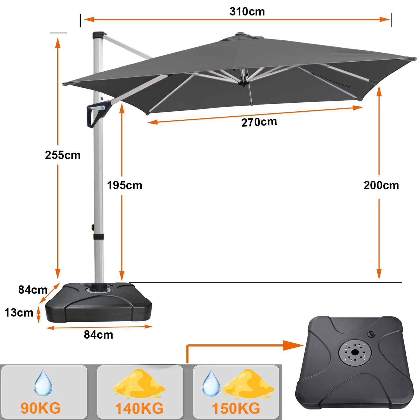 RANSENERS Premium Ampelschirm 270 x 270 cm mit Schirmständer, Aluminium Rahmen, 360° Drehbar, Neigbar 0°-90°, 240 g/m² Extra-Dicker Gewebe mit UV50+, für Garten, Kaffeehaus im Freien