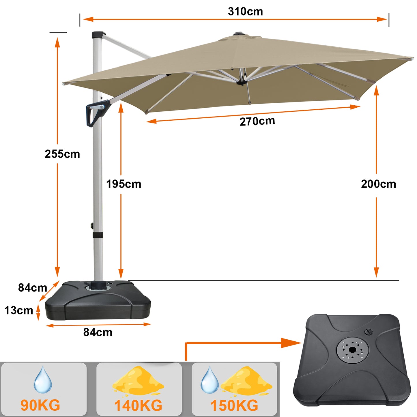 RANSENERS Premium Ampelschirm 270 x 270 cm mit Schirmständer, Aluminium Rahmen, 360° Drehbar, Neigbar 0°-90°, 240 g/m² Extra-Dicker Gewebe mit UV50+, für Garten, Kaffeehaus im Freien