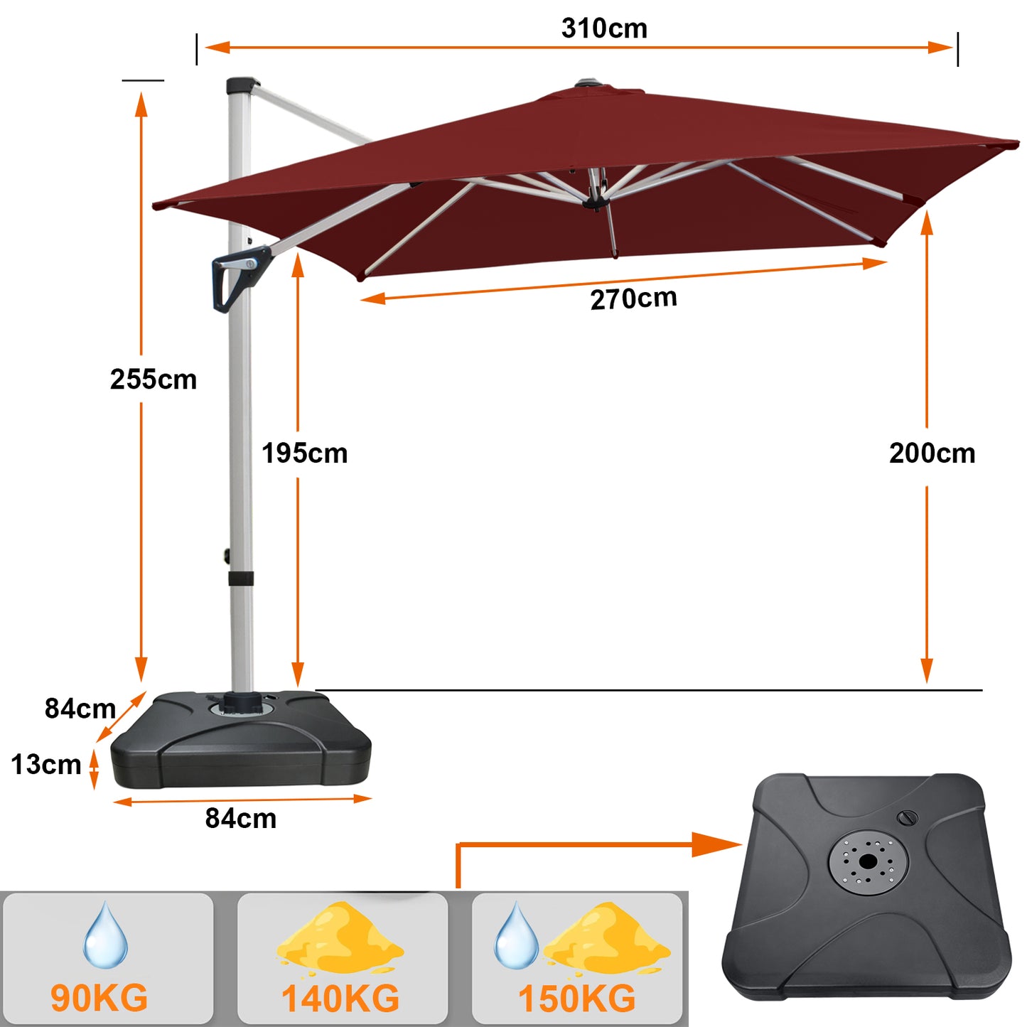 RANSENERS Premium Ampelschirm 270 x 270 cm mit Schirmständer, Aluminium Rahmen, 360° Drehbar, Neigbar 0°-90°, 240 g/m² Extra-Dicker Gewebe mit UV50+, für Garten, Kaffeehaus im Freien