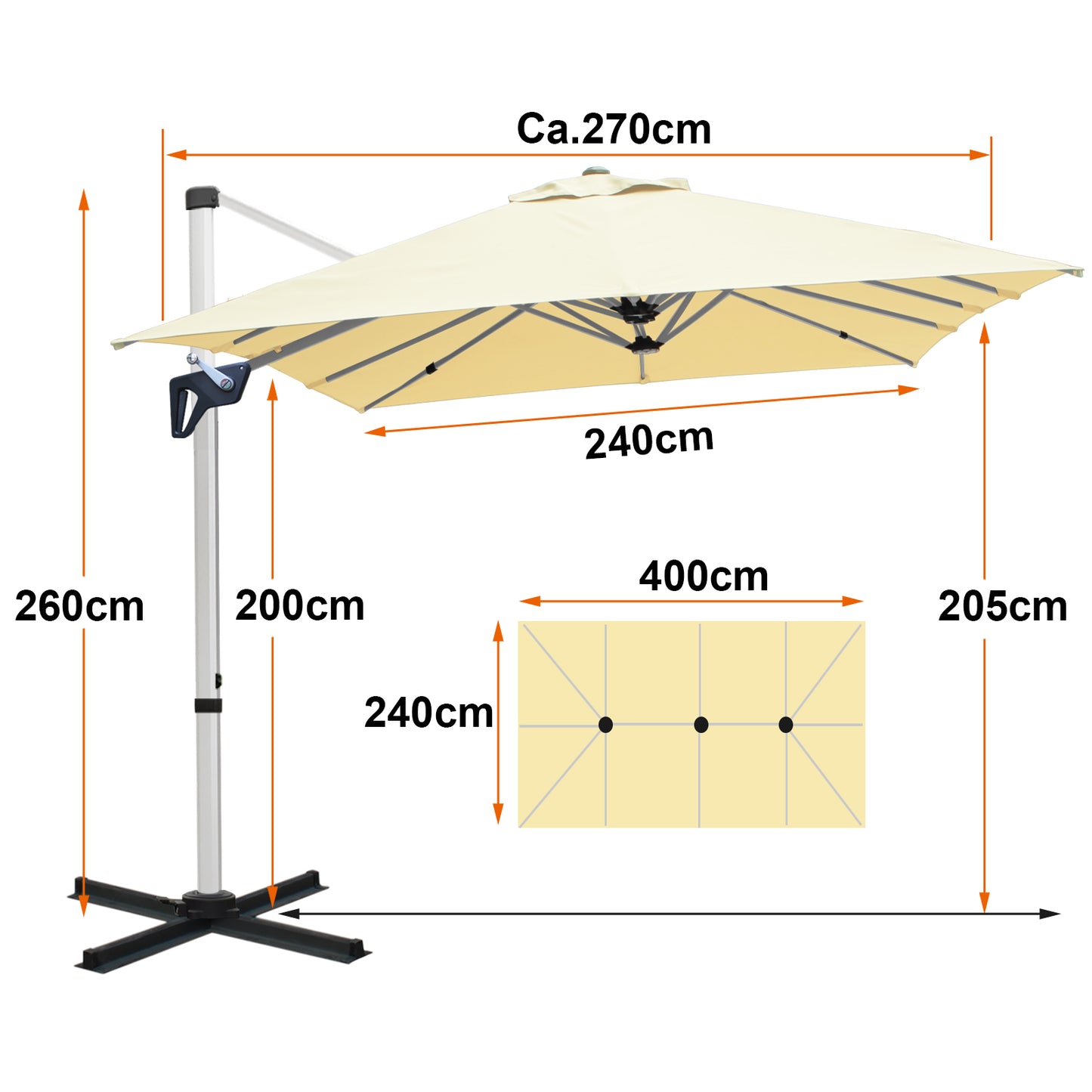 RANSENERS Ampelschirm Rechteckig 400 x 240cm, mit Schirmständer, Doppelsonnenschirm, Drehbar 360°, Neigbar 0°-90°, Extra-Dicker Gewebe, UV50+, für Garten, Terasse, Cafe, im Freien
